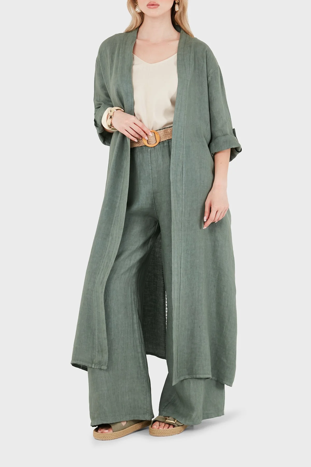 Via Dante% 100 Keten Dantel ve Brode İşleme Detaylı Kadın Kimono 7183543 HAKİ - 4