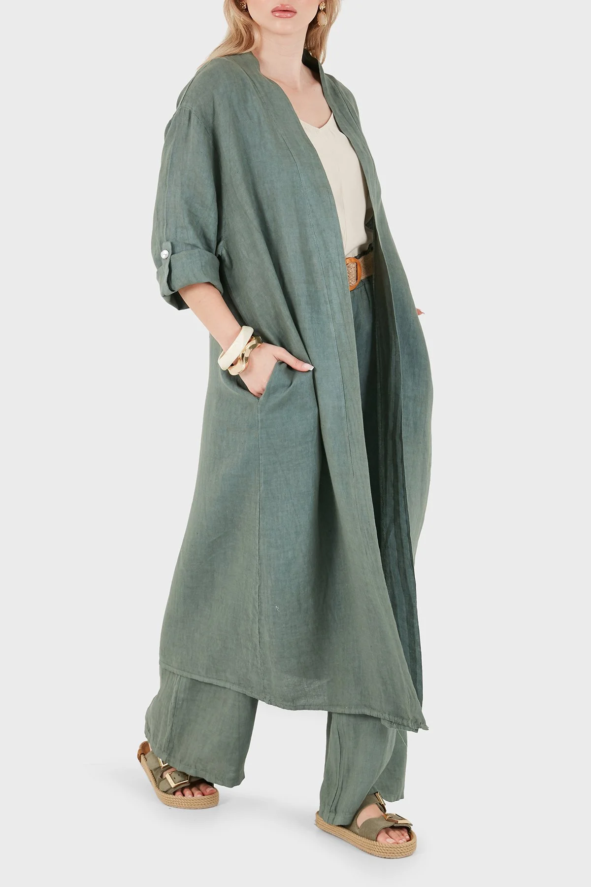 Via Dante% 100 Keten Dantel ve Brode İşleme Detaylı Kadın Kimono 7183543 HAKİ - 5
