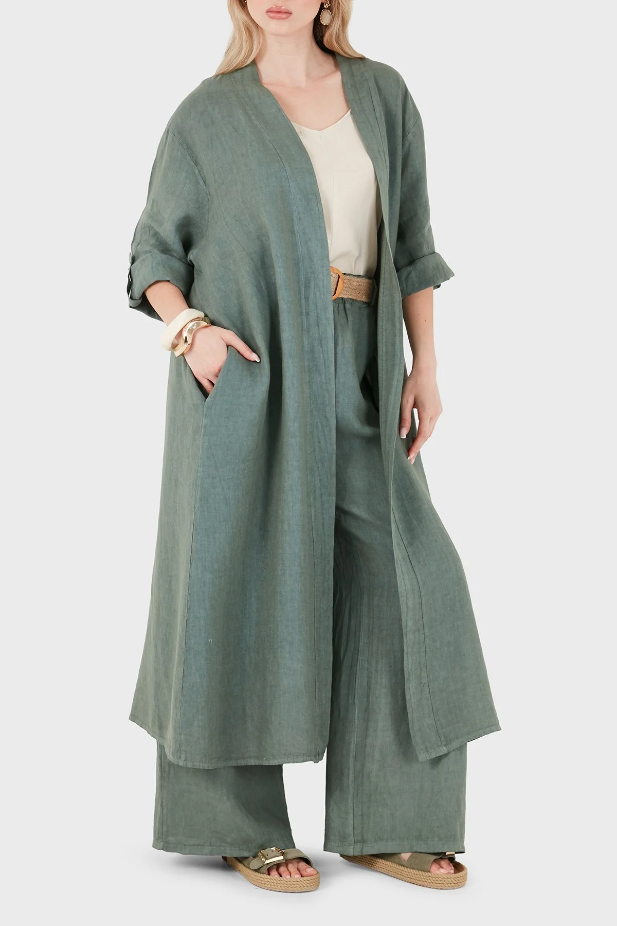Via Dante% 100 Keten Dantel ve Brode İşleme Detaylı Kadın Kimono 7183543 HAKİ - 6
