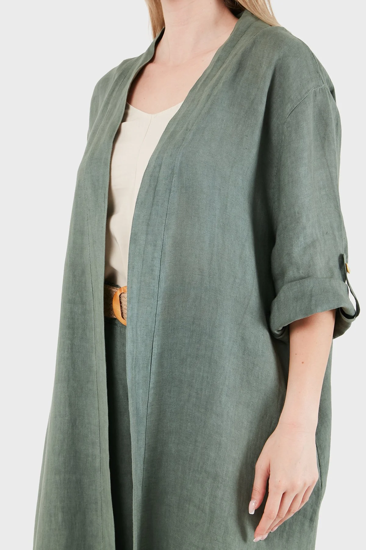 Via Dante% 100 Keten Dantel ve Brode İşleme Detaylı Kadın Kimono 7183543 HAKİ - 7