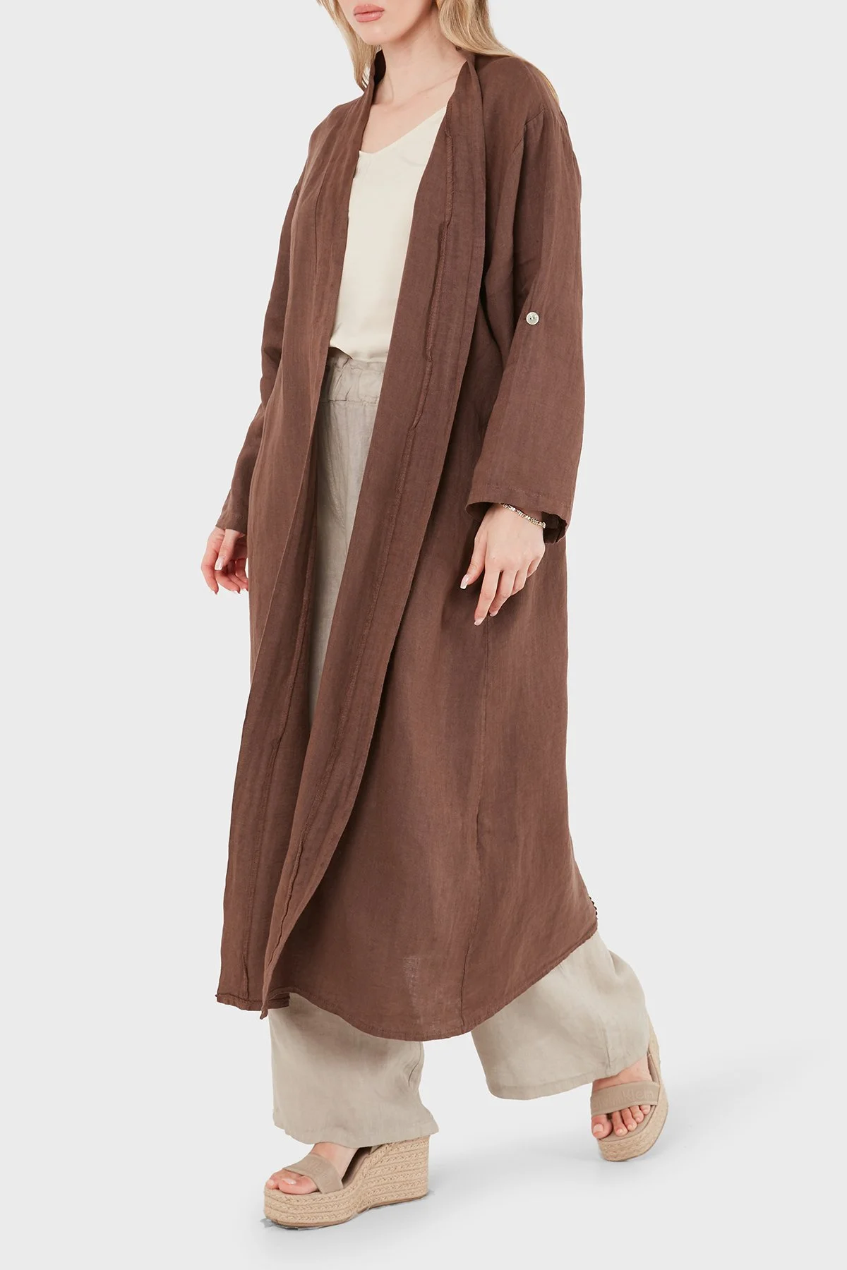 Via Dante % 100 Keten Dantel ve Brode İşleme Detaylı Kadın Kimono 7183609 KAHVE - 3