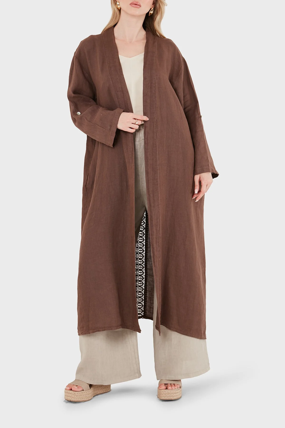 Via Dante % 100 Keten Dantel ve Brode İşleme Detaylı Kadın Kimono 7183609 KAHVE - 4
