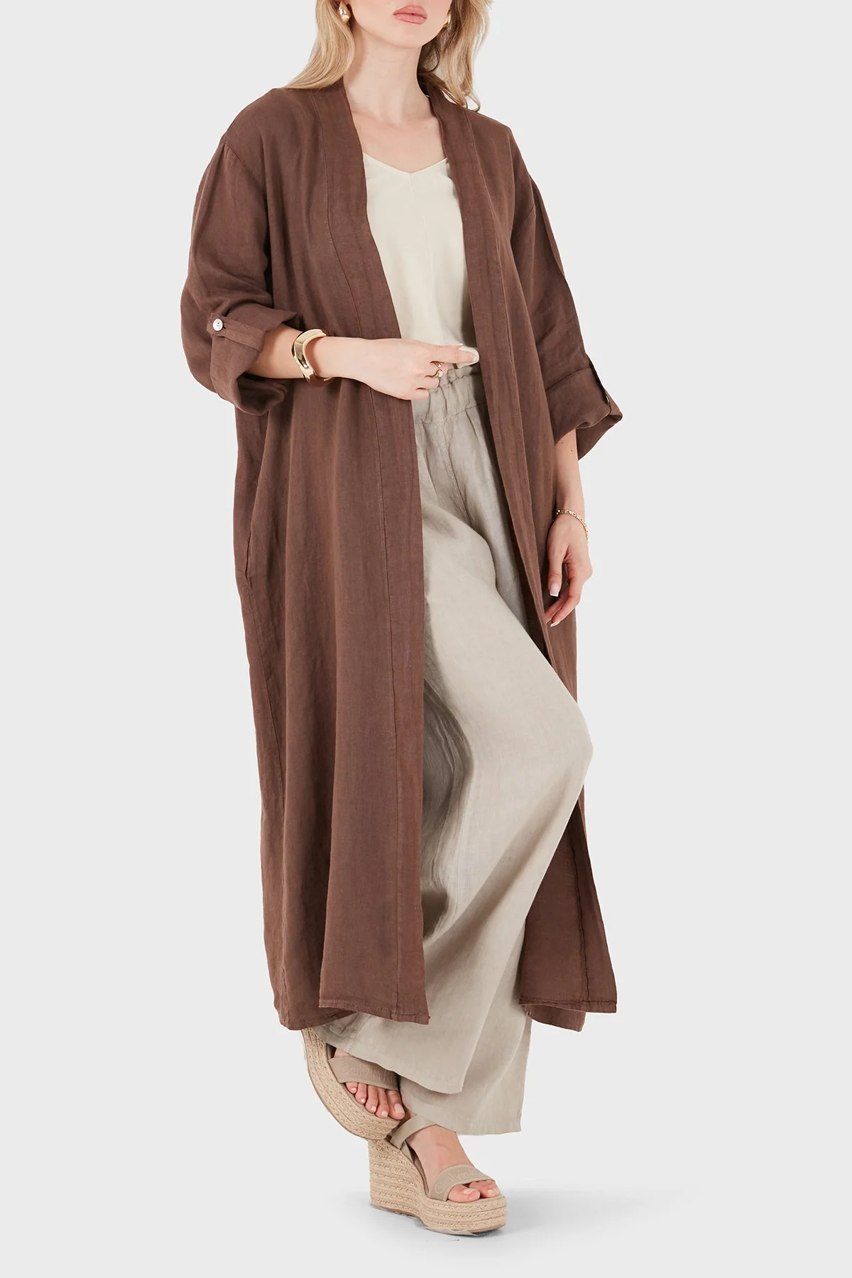 Via Dante % 100 Keten Dantel ve Brode İşleme Detaylı Kadın Kimono 7183609 KAHVE - 5