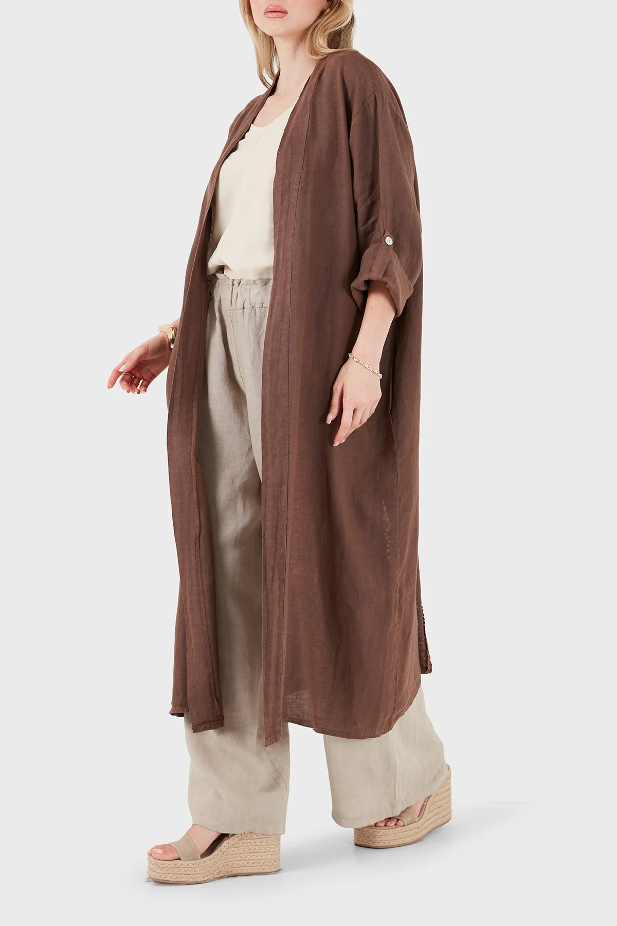 Via Dante % 100 Keten Dantel ve Brode İşleme Detaylı Kadın Kimono 7183609 KAHVE - 6