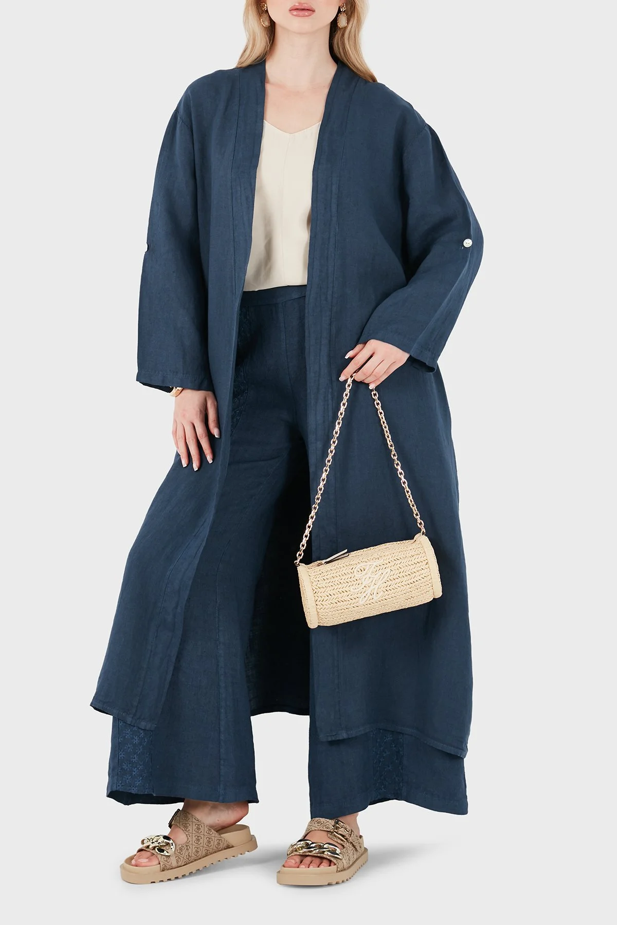 Via Dante % 100 Keten Dantel ve Brode İşleme Detaylı Kadın Kimono 7183821 LACİVERT - 1