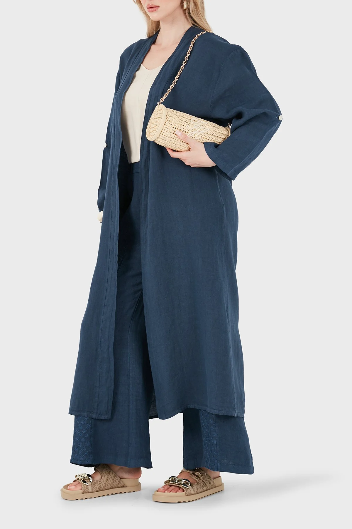 Via Dante % 100 Keten Dantel ve Brode İşleme Detaylı Kadın Kimono 7183821 LACİVERT - 3