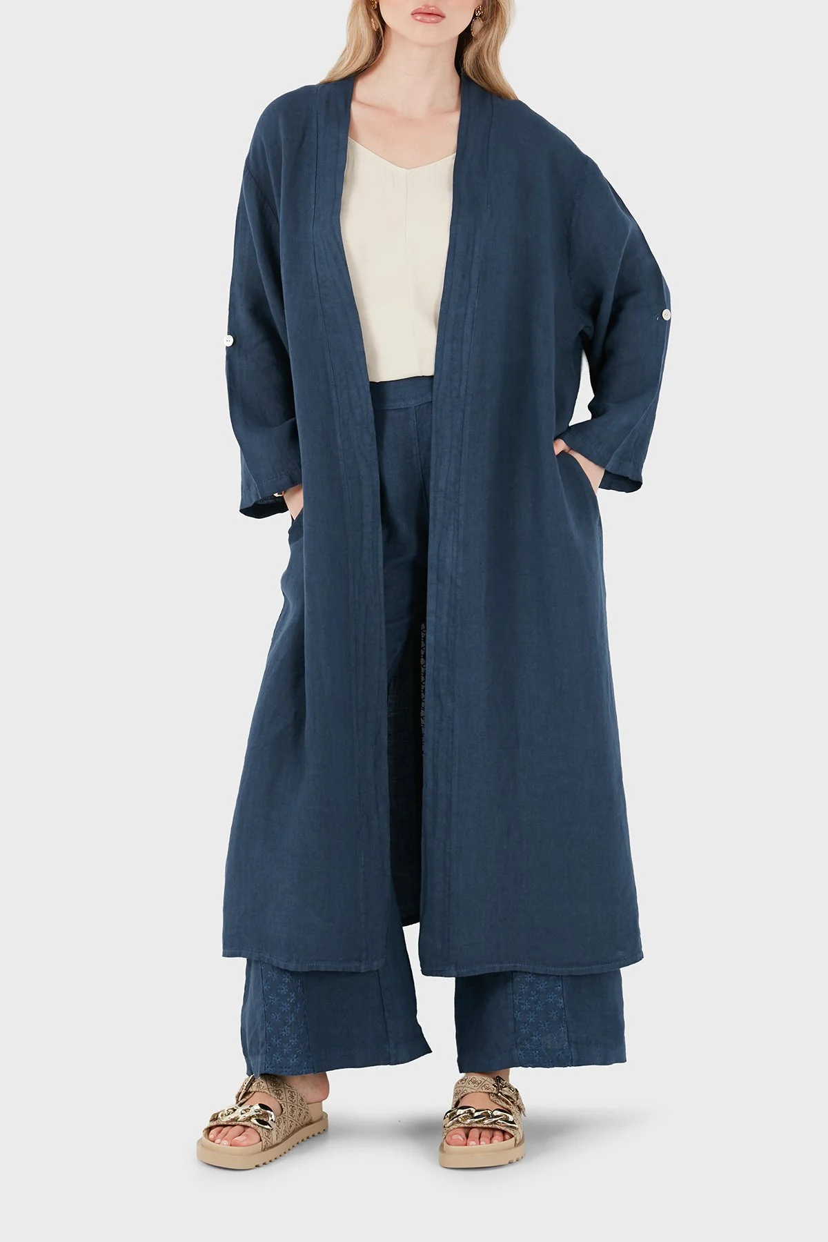 Via Dante % 100 Keten Dantel ve Brode İşleme Detaylı Kadın Kimono 7183821 LACİVERT - 4