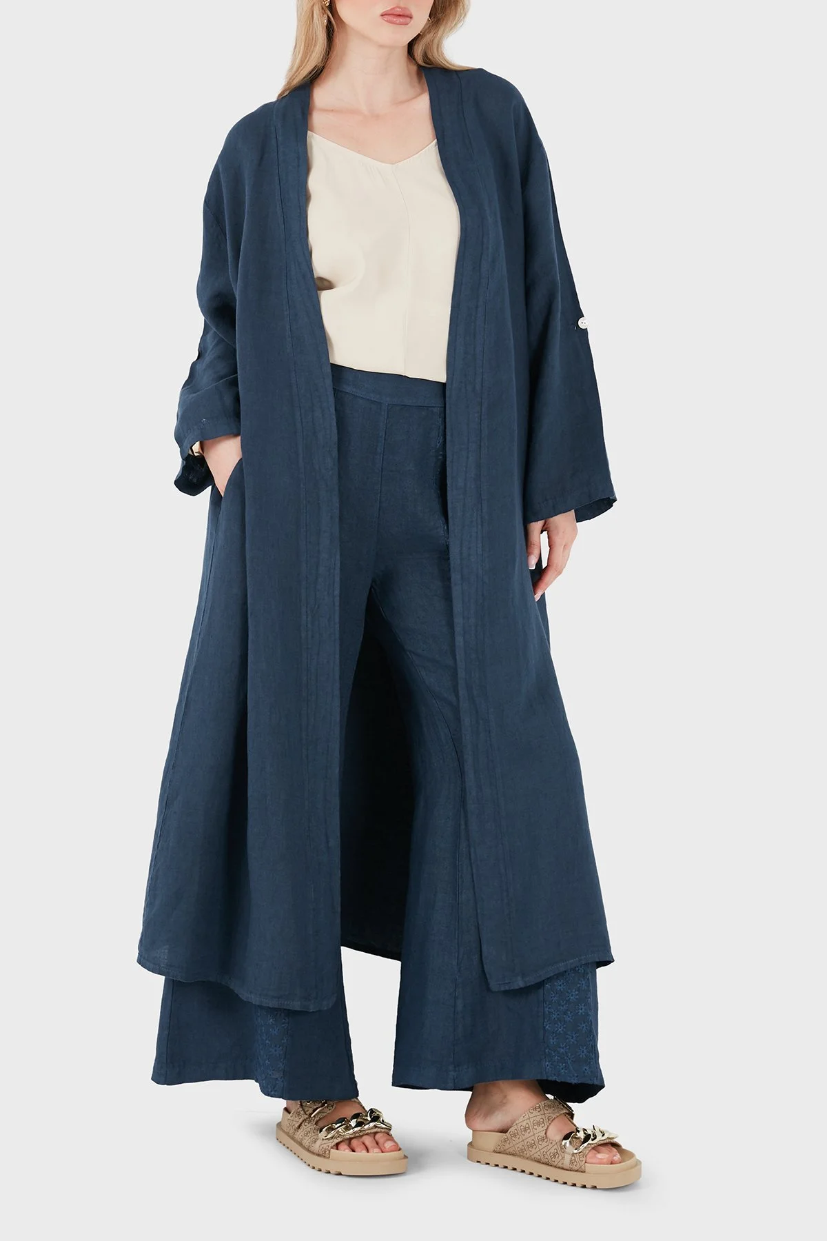 Via Dante % 100 Keten Dantel ve Brode İşleme Detaylı Kadın Kimono 7183821 LACİVERT - 5