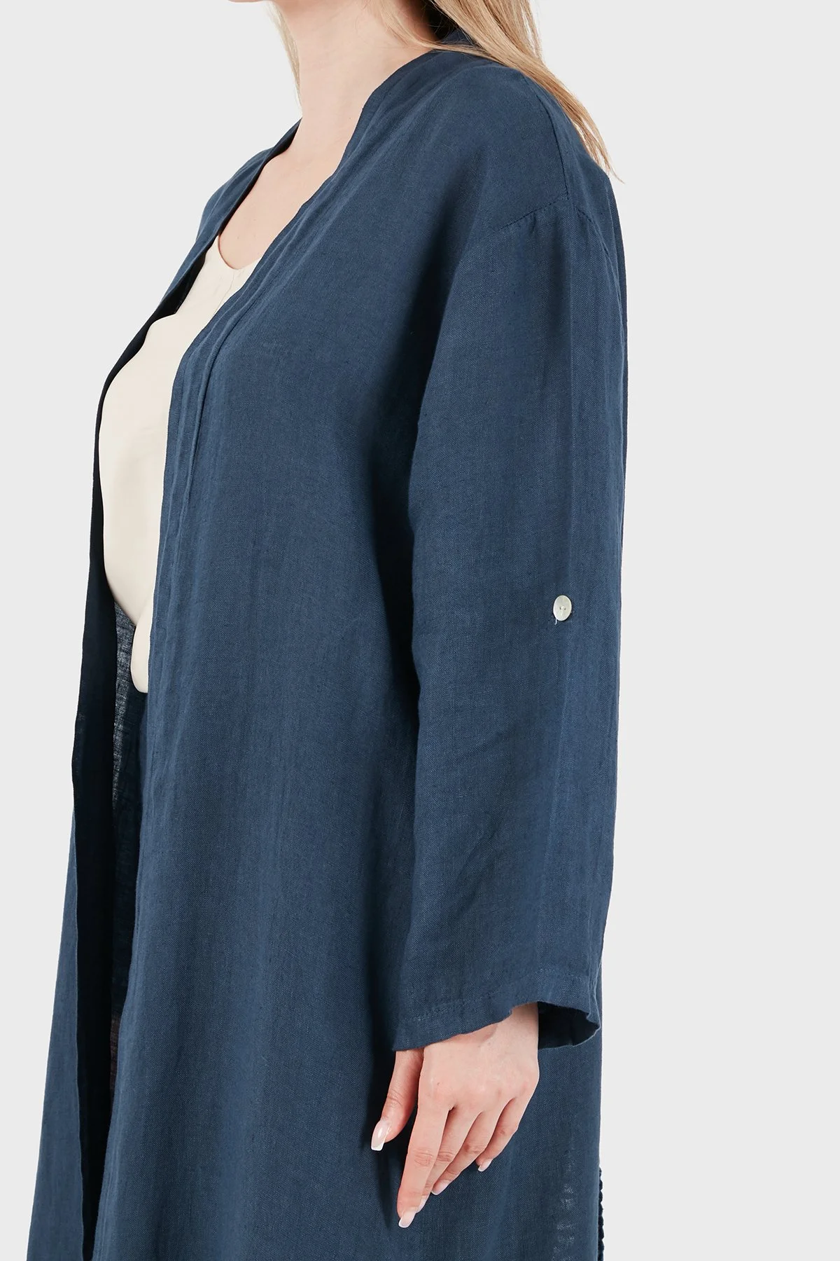 Via Dante % 100 Keten Dantel ve Brode İşleme Detaylı Kadın Kimono 7183821 LACİVERT - 6