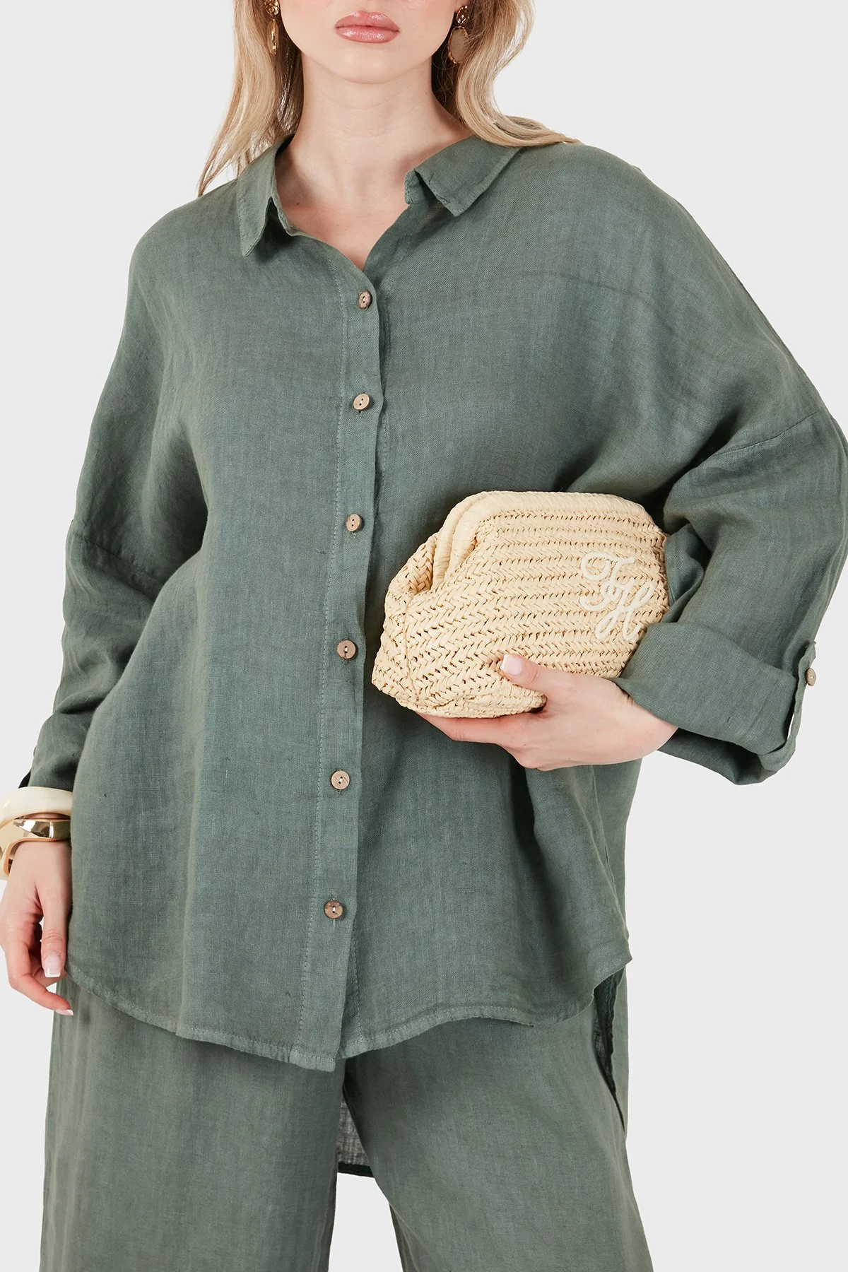 Via Dante % 100 Keten Oversize Yarı Transparan Kadın Gömlek 7697 HAKİ - 1