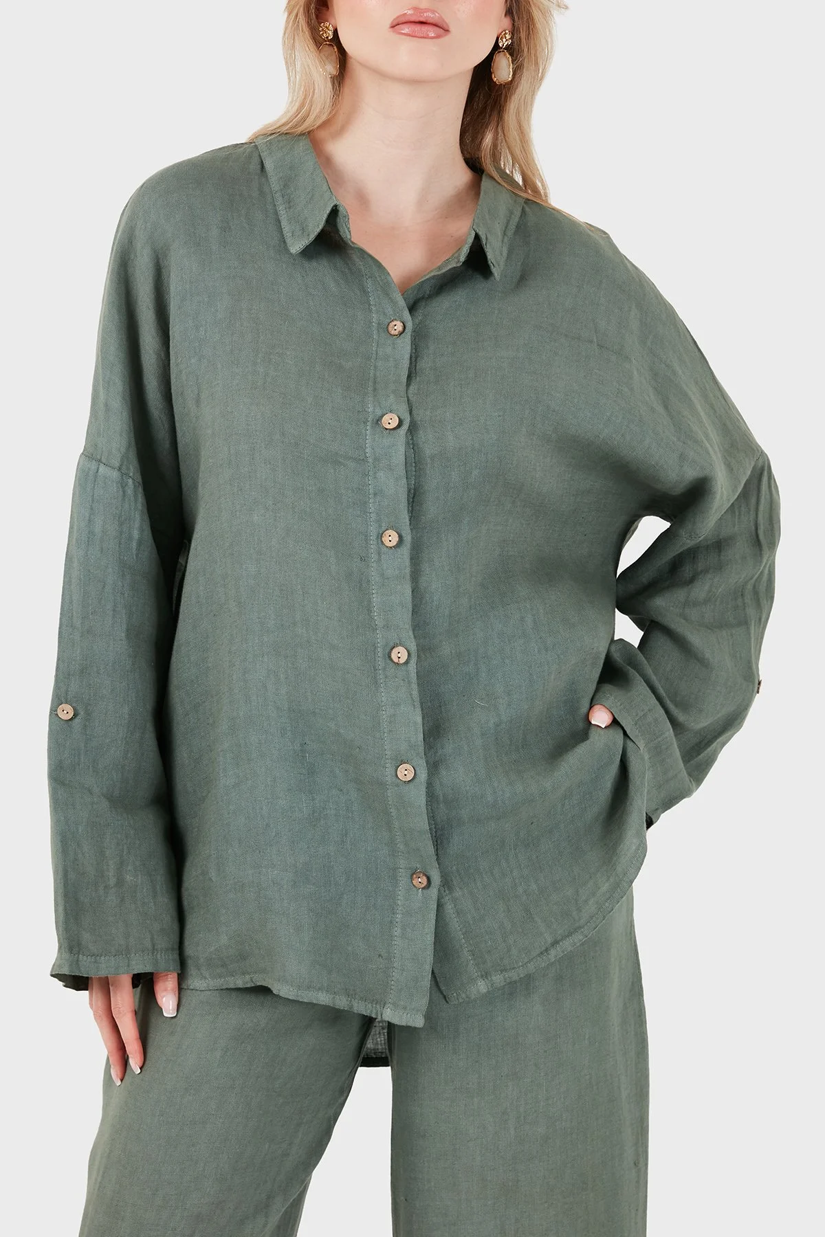 Via Dante % 100 Keten Oversize Yarı Transparan Kadın Gömlek 7697 HAKİ - 4