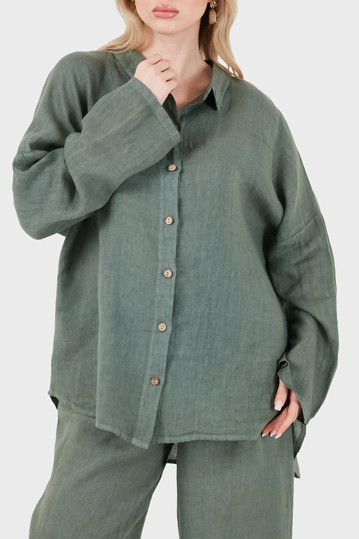 Via Dante % 100 Keten Oversize Yarı Transparan Kadın Gömlek 7697 HAKİ - 5