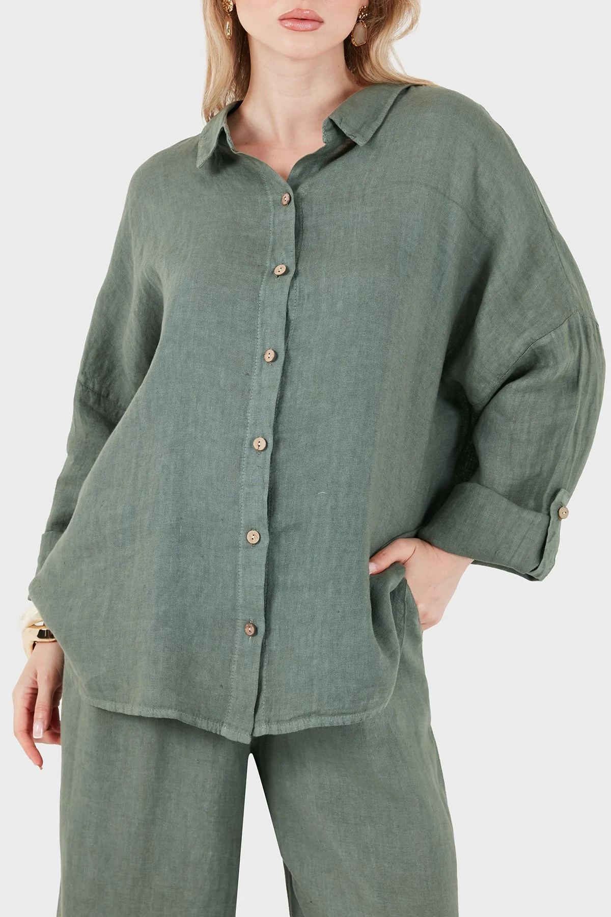 Via Dante % 100 Keten Oversize Yarı Transparan Kadın Gömlek 7697 HAKİ - 6