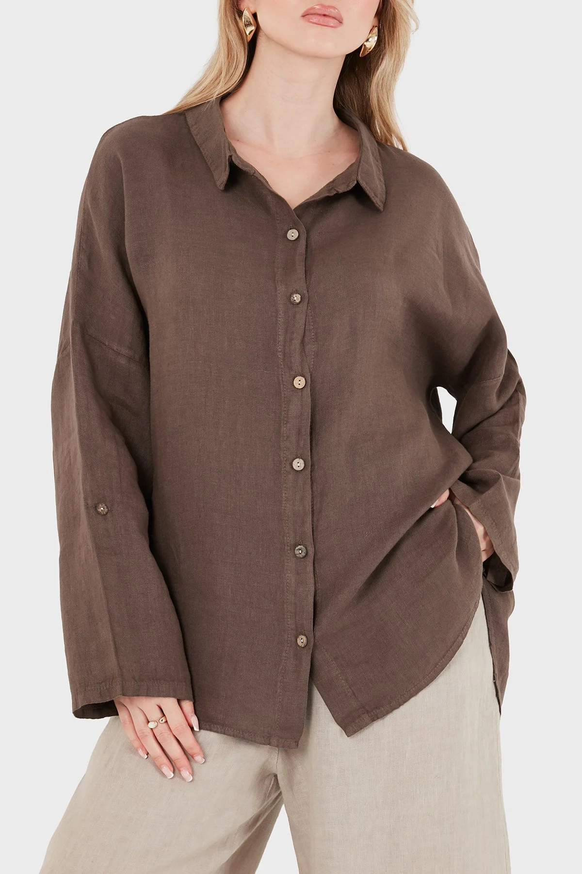 Via Dante % 100 Keten Oversize Yarı Transparan Kadın Gömlek 7697 KAHVE - 5