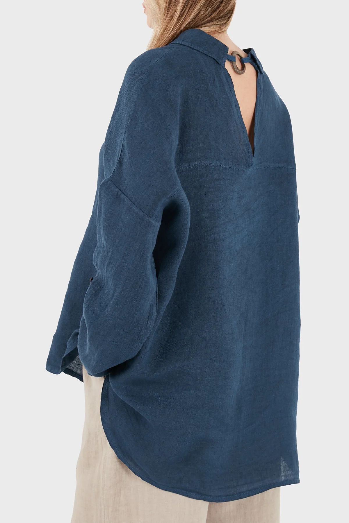Via Dante % 100 Keten Oversize Yarı Transparan Kadın Gömlek 7697 LACİVERT - 3