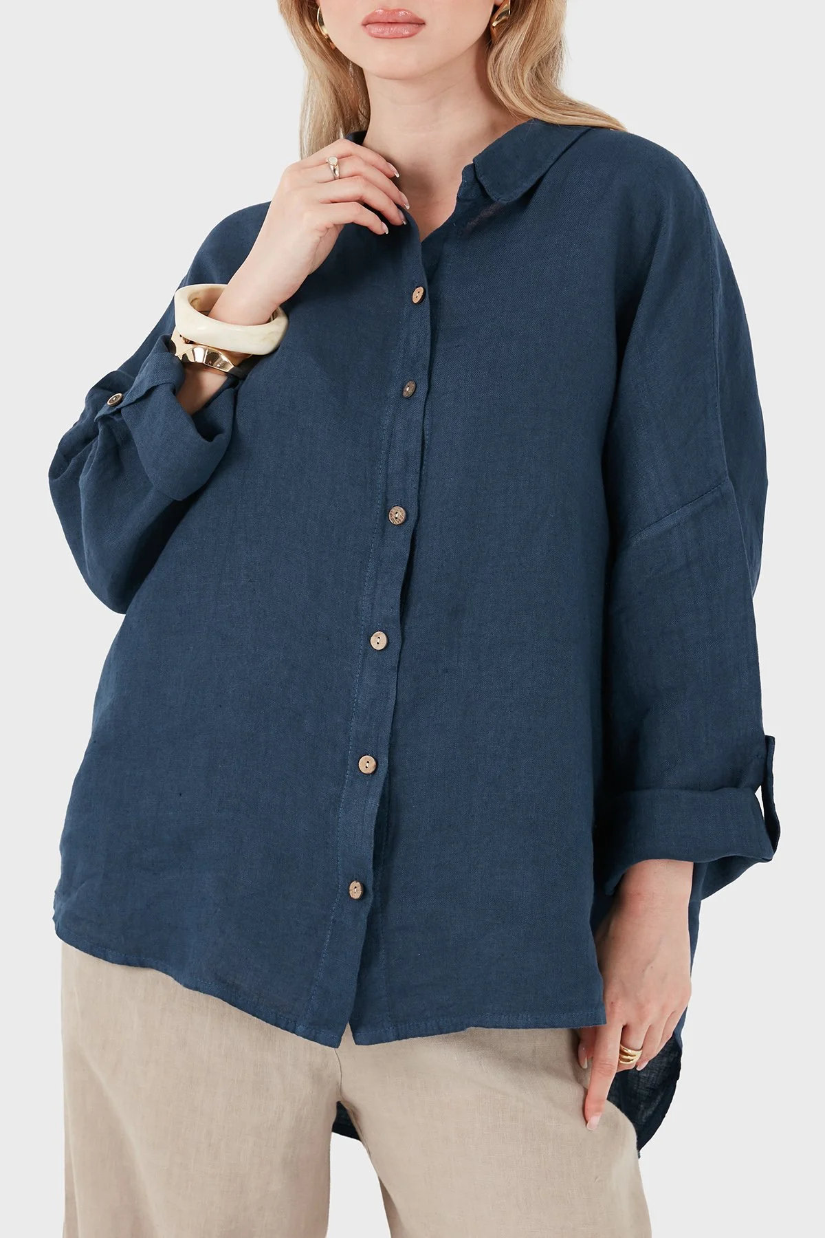Via Dante % 100 Keten Oversize Yarı Transparan Kadın Gömlek 7697 LACİVERT - 4