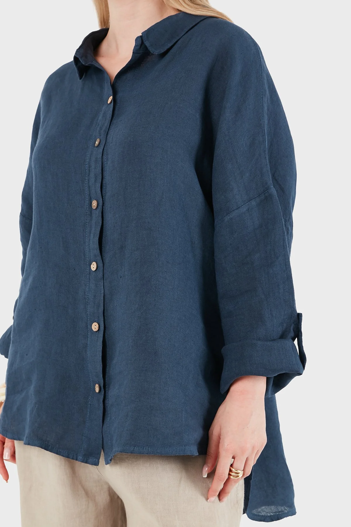 Via Dante % 100 Keten Oversize Yarı Transparan Kadın Gömlek 7697 LACİVERT - 5
