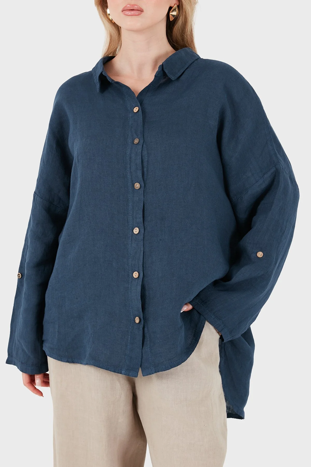 Via Dante % 100 Keten Oversize Yarı Transparan Kadın Gömlek 7697 LACİVERT - 6