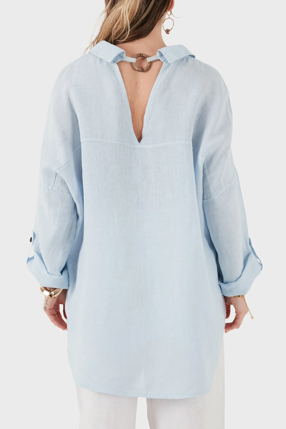 Via Dante % 100 Keten Oversize Yarı Transparan Kadın Gömlek 7697 MAVİ - 3
