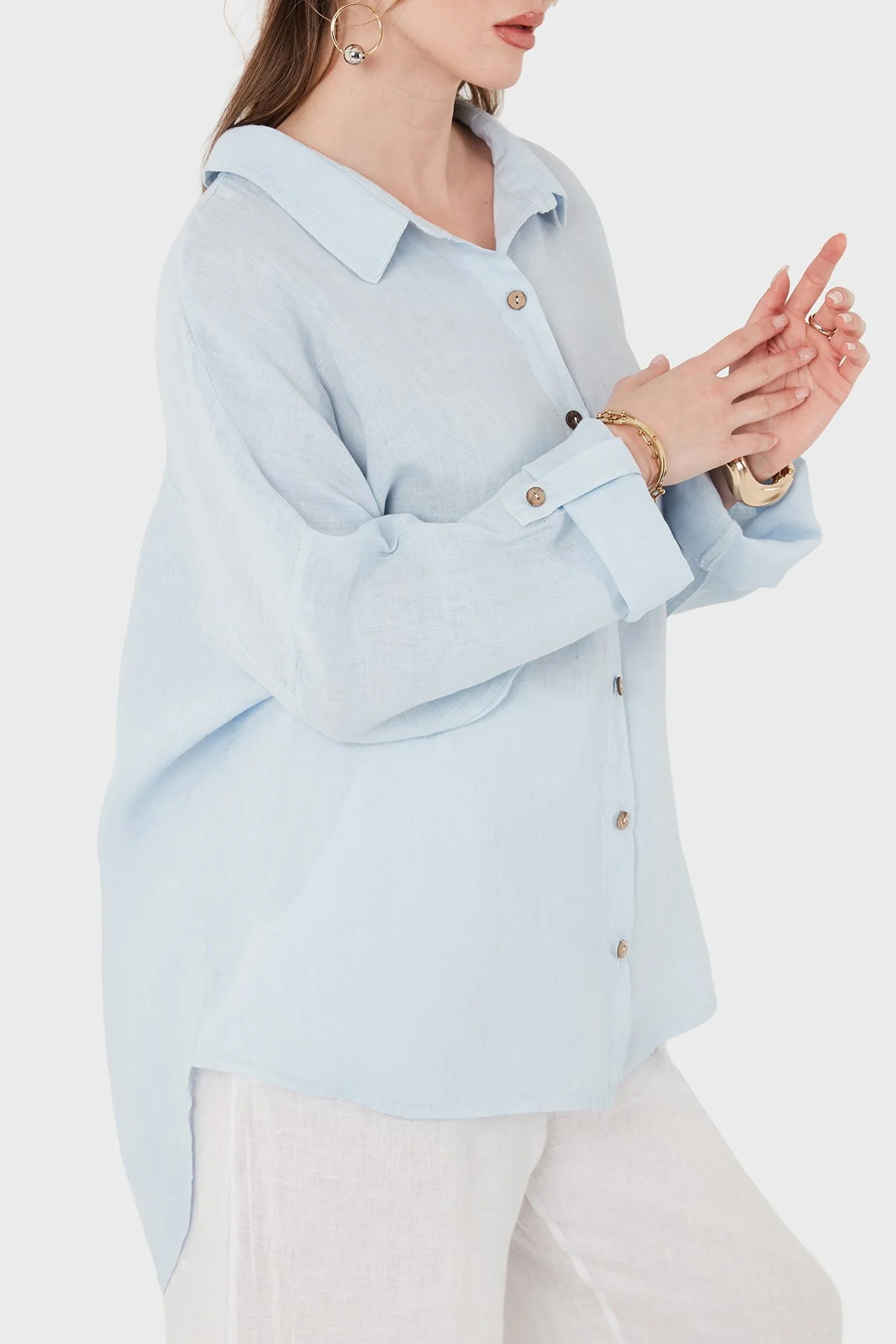 Via Dante % 100 Keten Oversize Yarı Transparan Kadın Gömlek 7697 MAVİ - 6