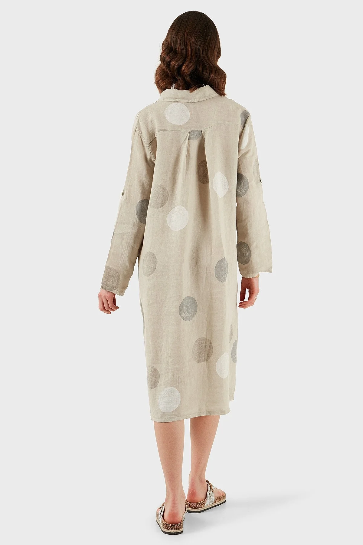 Via Dante % 100 Keten Regular Fit Desenli Midi Bayan Elbise 7250S635 TAŞ - 3