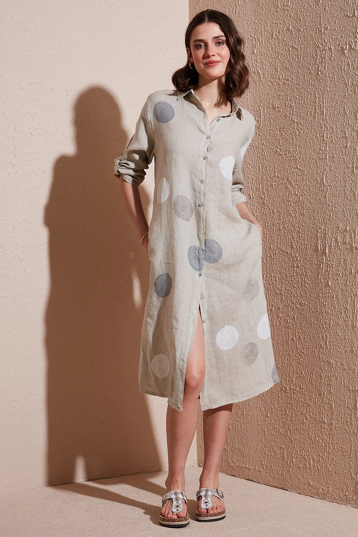 Via Dante % 100 Keten Regular Fit Desenli Midi Bayan Elbise 7250S635 TAŞ - 4