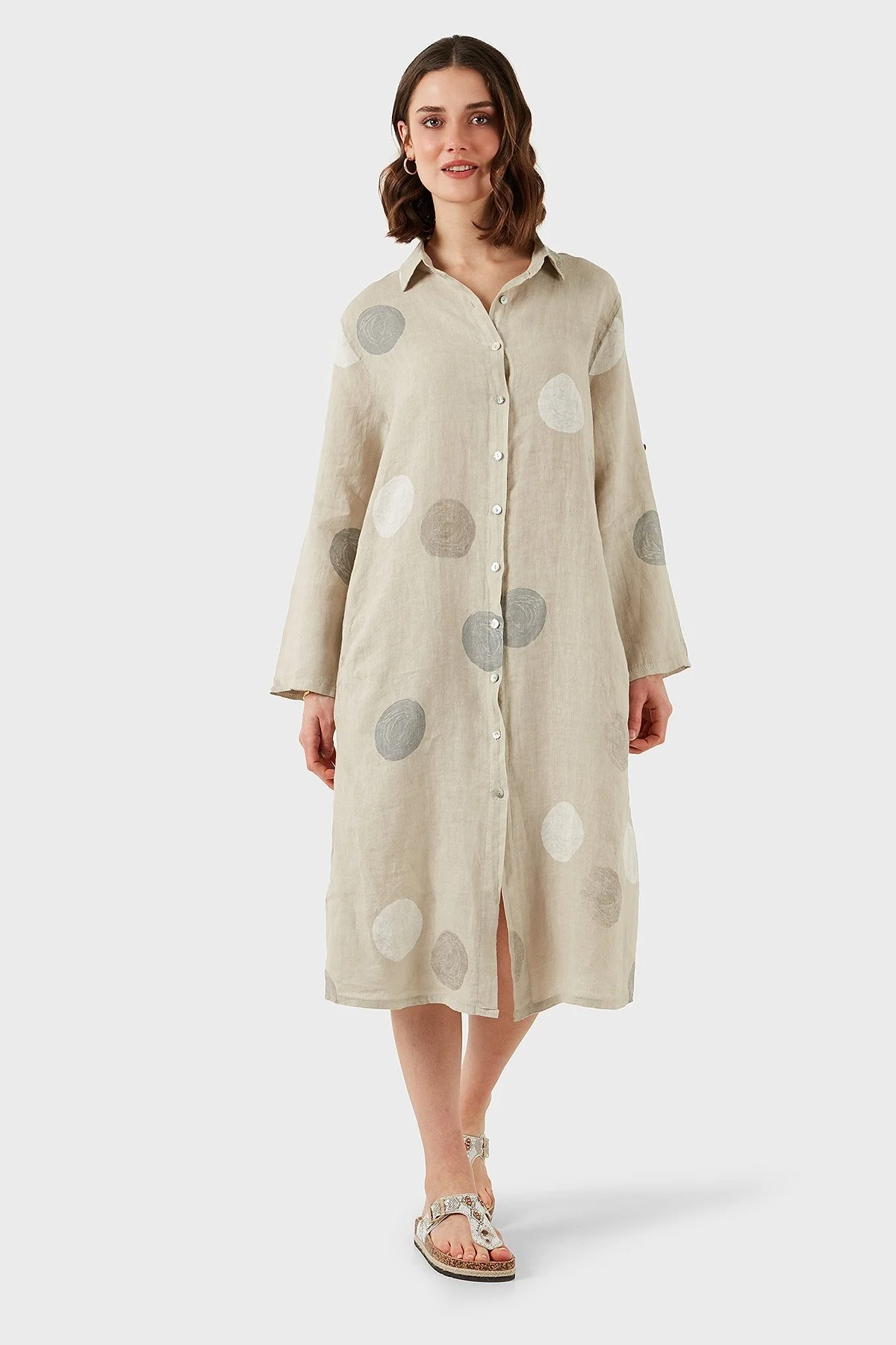 Via Dante % 100 Keten Regular Fit Desenli Midi Bayan Elbise 7250S635 TAŞ - 6