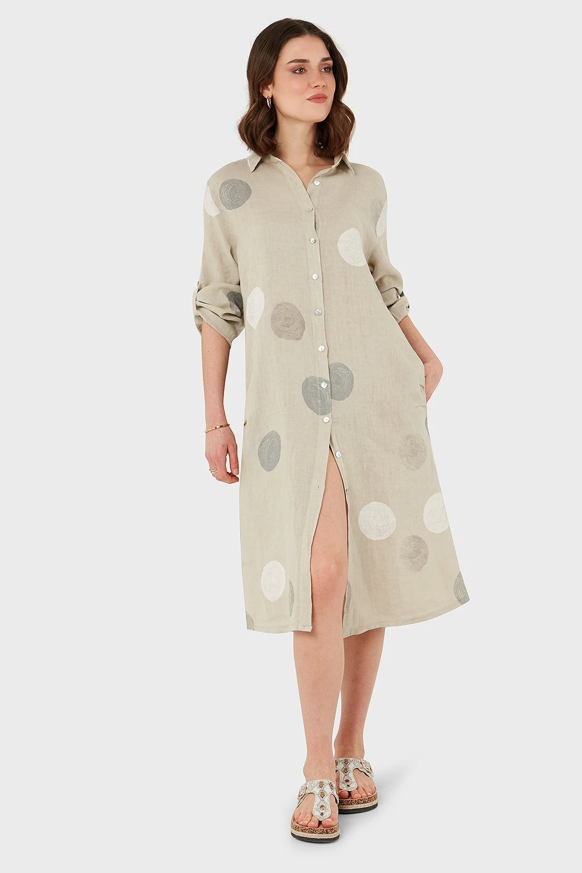 Via Dante % 100 Keten Regular Fit Desenli Midi Bayan Elbise 7250S635 TAŞ - 7