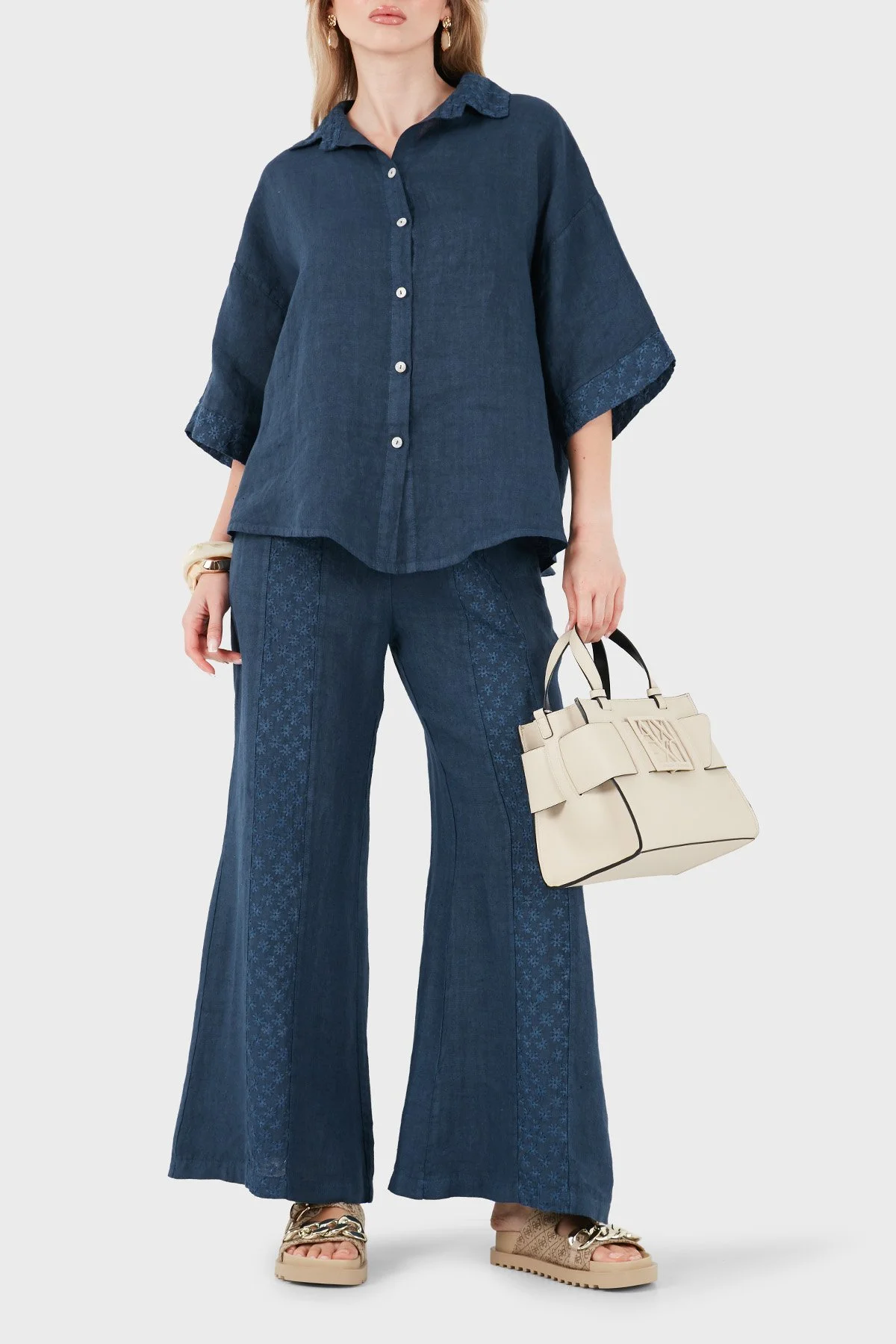 Via Dante % 100 Keten Relaxed Fit Brode İşlemeli Kadın Pantolon 69912211 İNDİGO - 2
