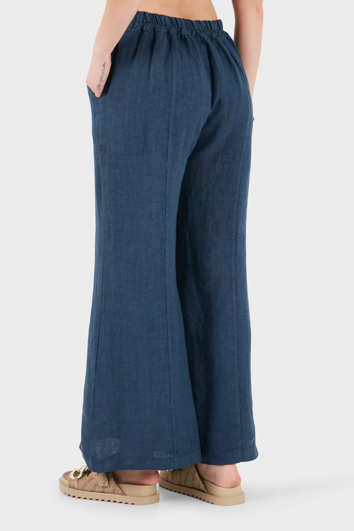 Via Dante % 100 Keten Relaxed Fit Brode İşlemeli Kadın Pantolon 69912211 İNDİGO - 3