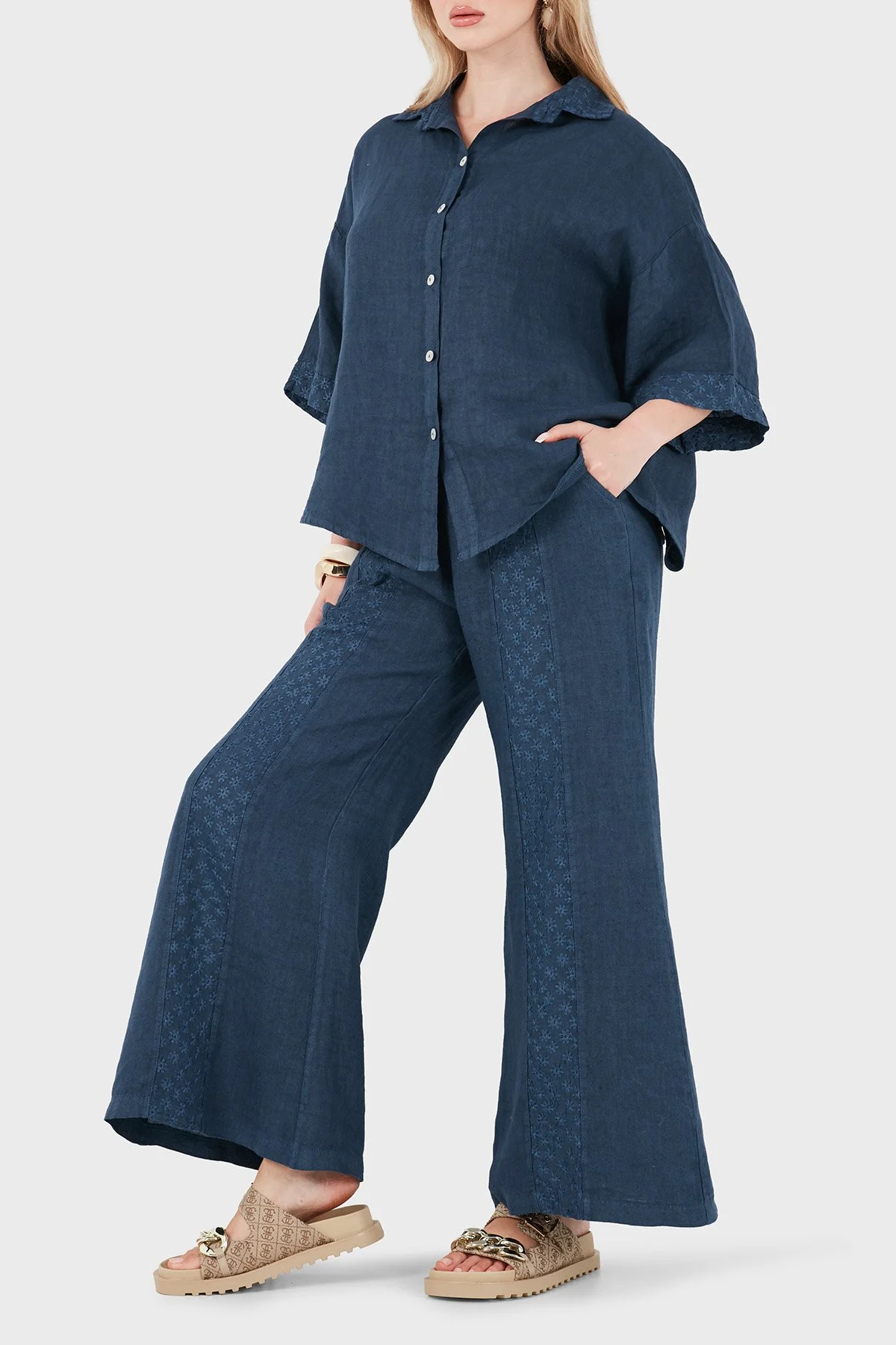 Via Dante % 100 Keten Relaxed Fit Brode İşlemeli Kadın Pantolon 69912211 İNDİGO - 4