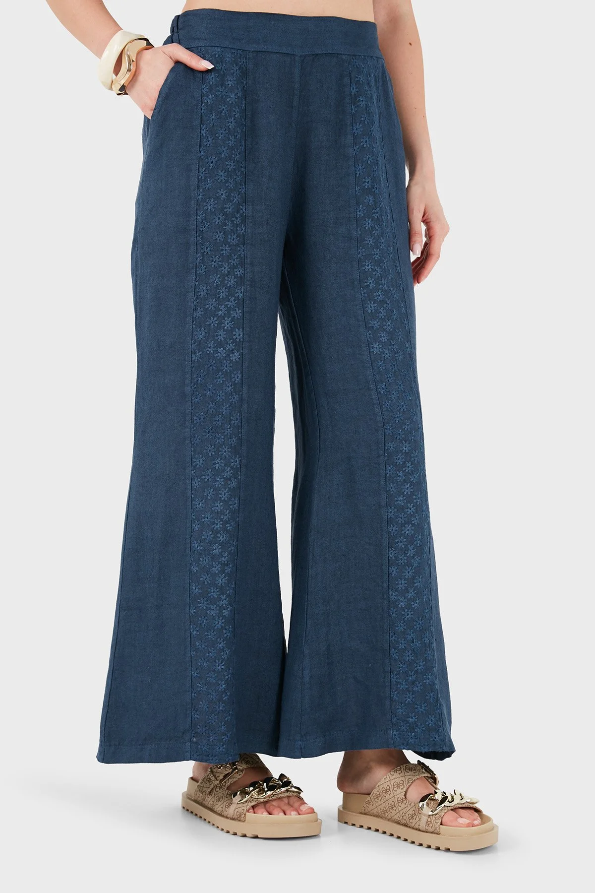 Via Dante % 100 Keten Relaxed Fit Brode İşlemeli Kadın Pantolon 69912211 İNDİGO - 5