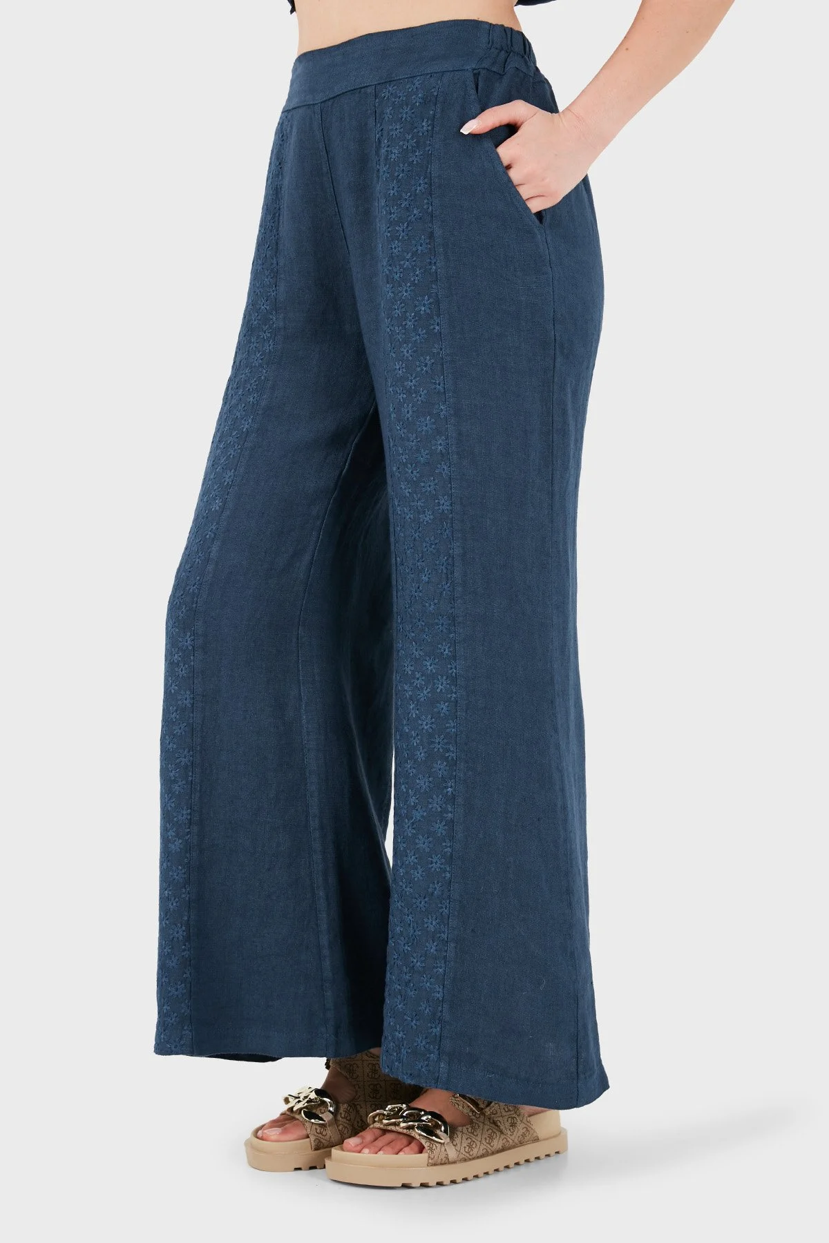 Via Dante % 100 Keten Relaxed Fit Brode İşlemeli Kadın Pantolon 69912211 İNDİGO - 6