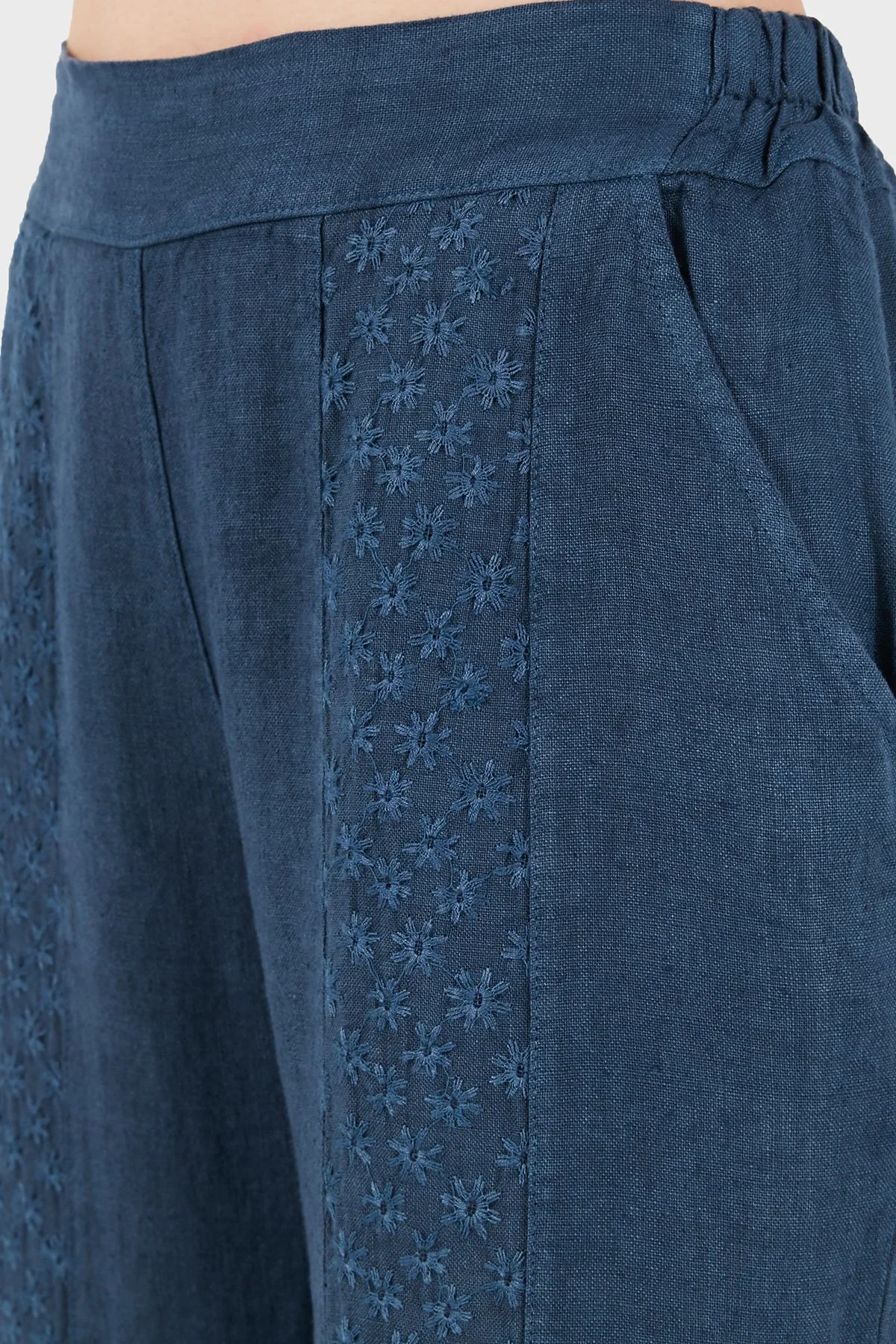 Via Dante % 100 Keten Relaxed Fit Brode İşlemeli Kadın Pantolon 69912211 İNDİGO - 7