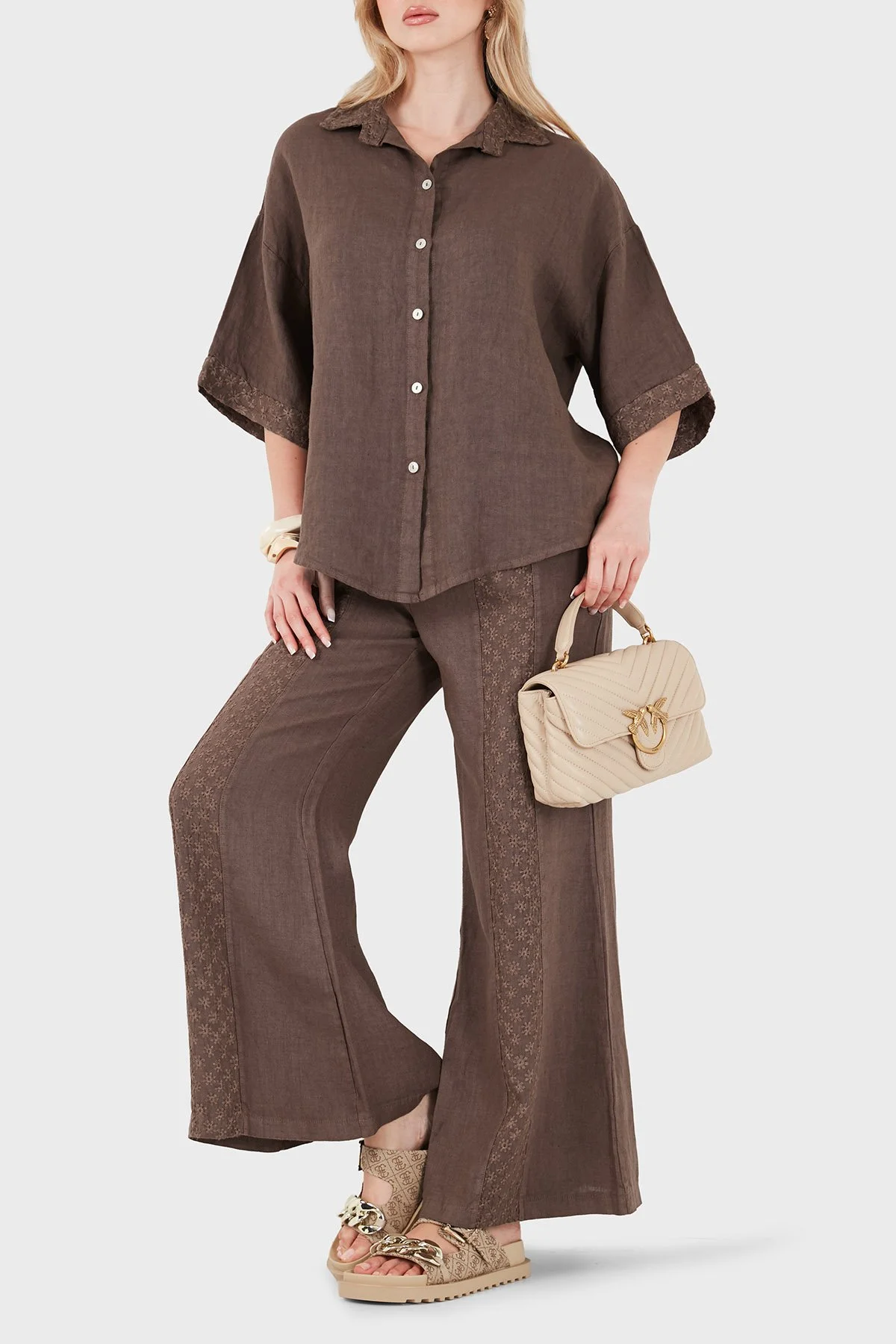 Via Dante % 100 Keten Relaxed Fit Brode İşlemeli Kadın Pantolon 69912211 KAHVE - 2