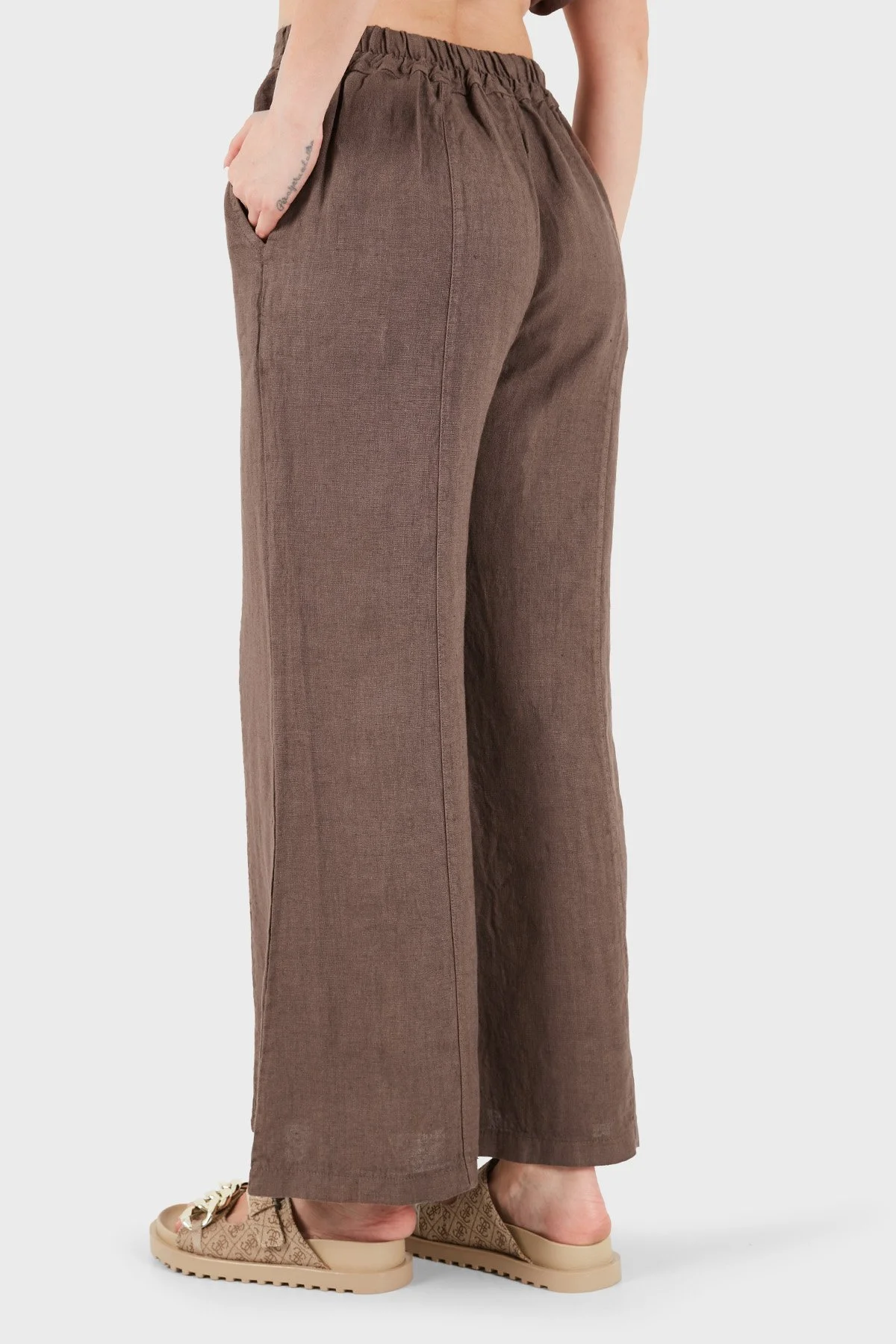 Via Dante % 100 Keten Relaxed Fit Brode İşlemeli Kadın Pantolon 69912211 KAHVE - 3
