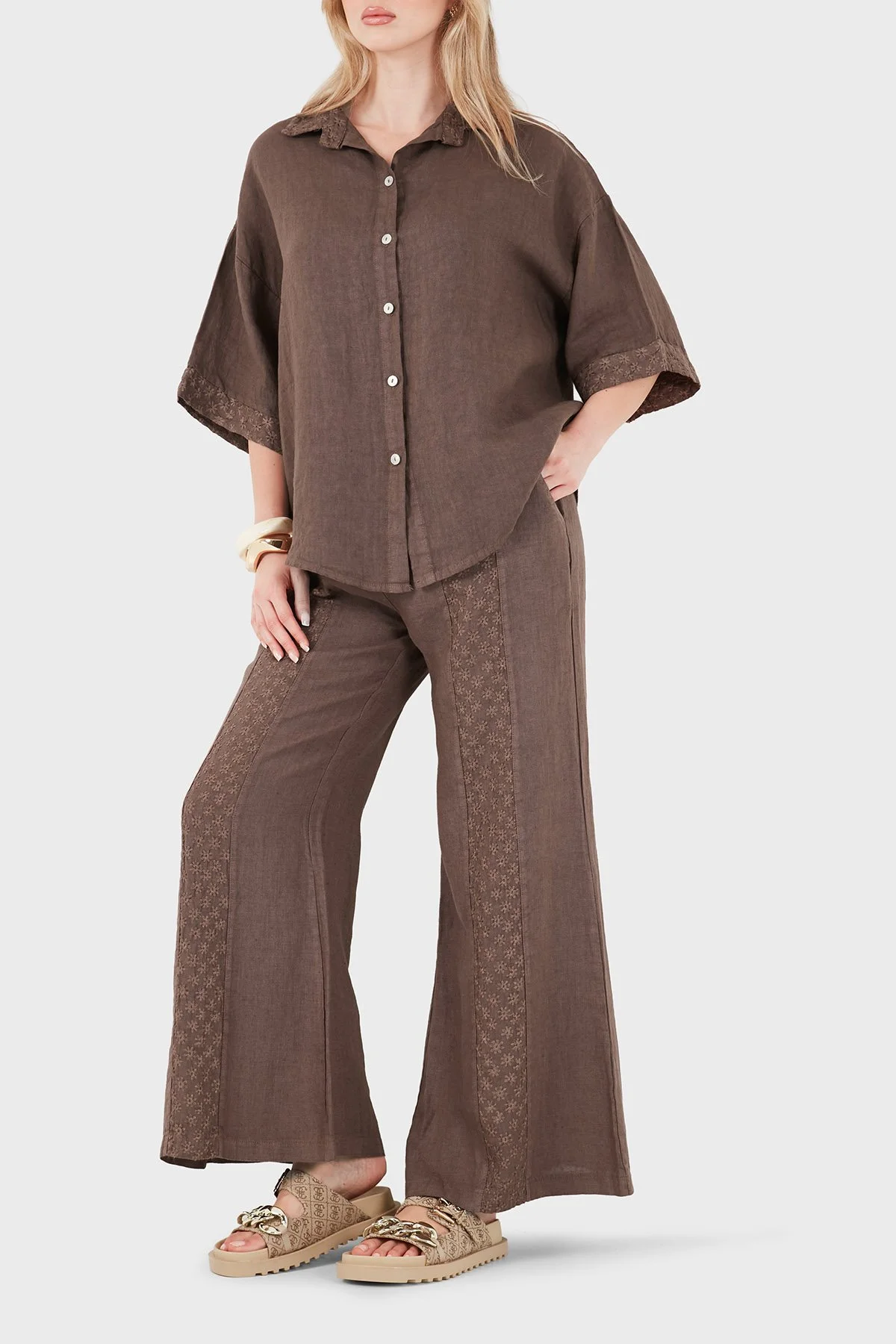 Via Dante % 100 Keten Relaxed Fit Brode İşlemeli Kadın Pantolon 69912211 KAHVE - 4