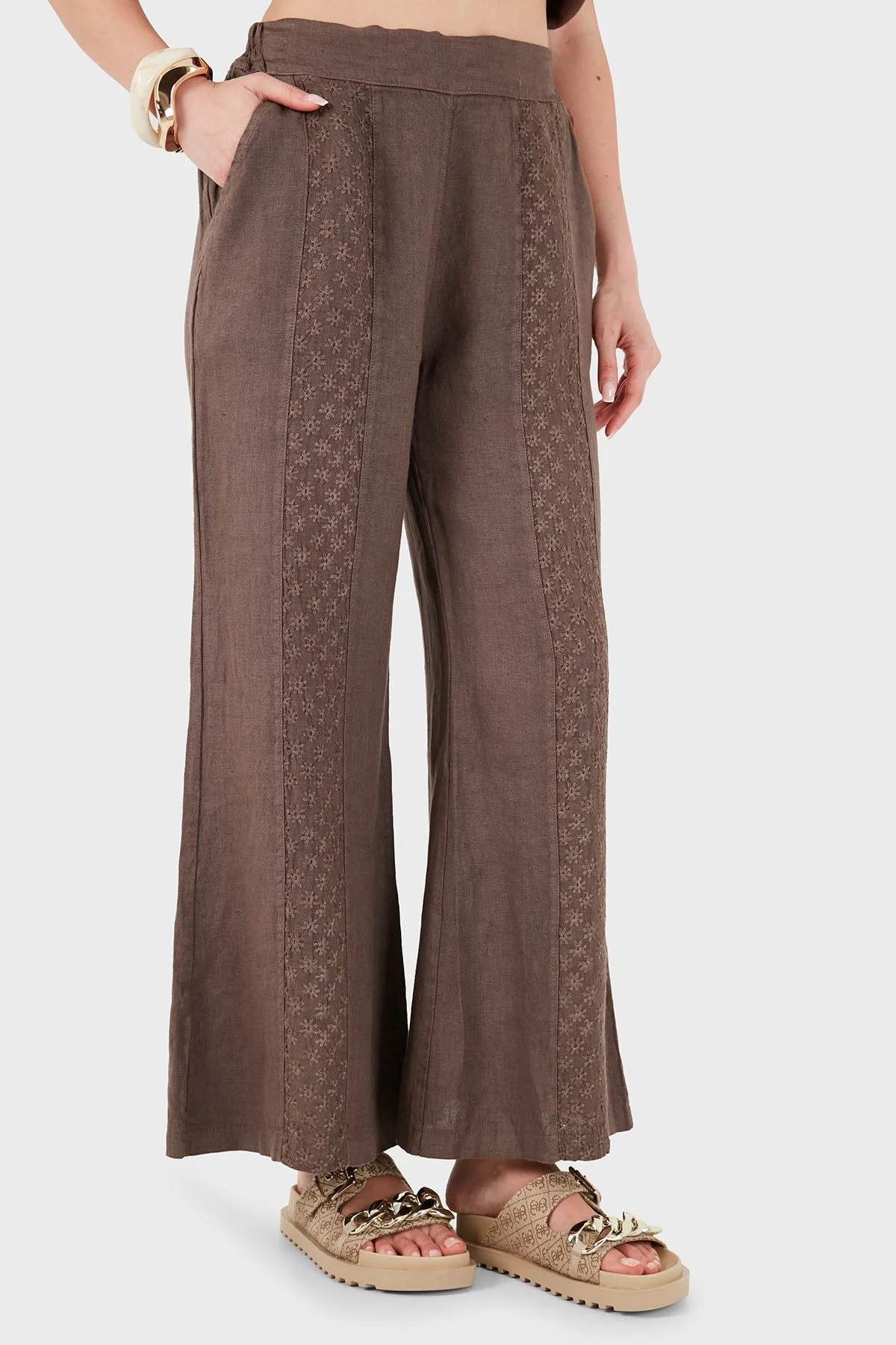 Via Dante % 100 Keten Relaxed Fit Brode İşlemeli Kadın Pantolon 69912211 KAHVE - 5