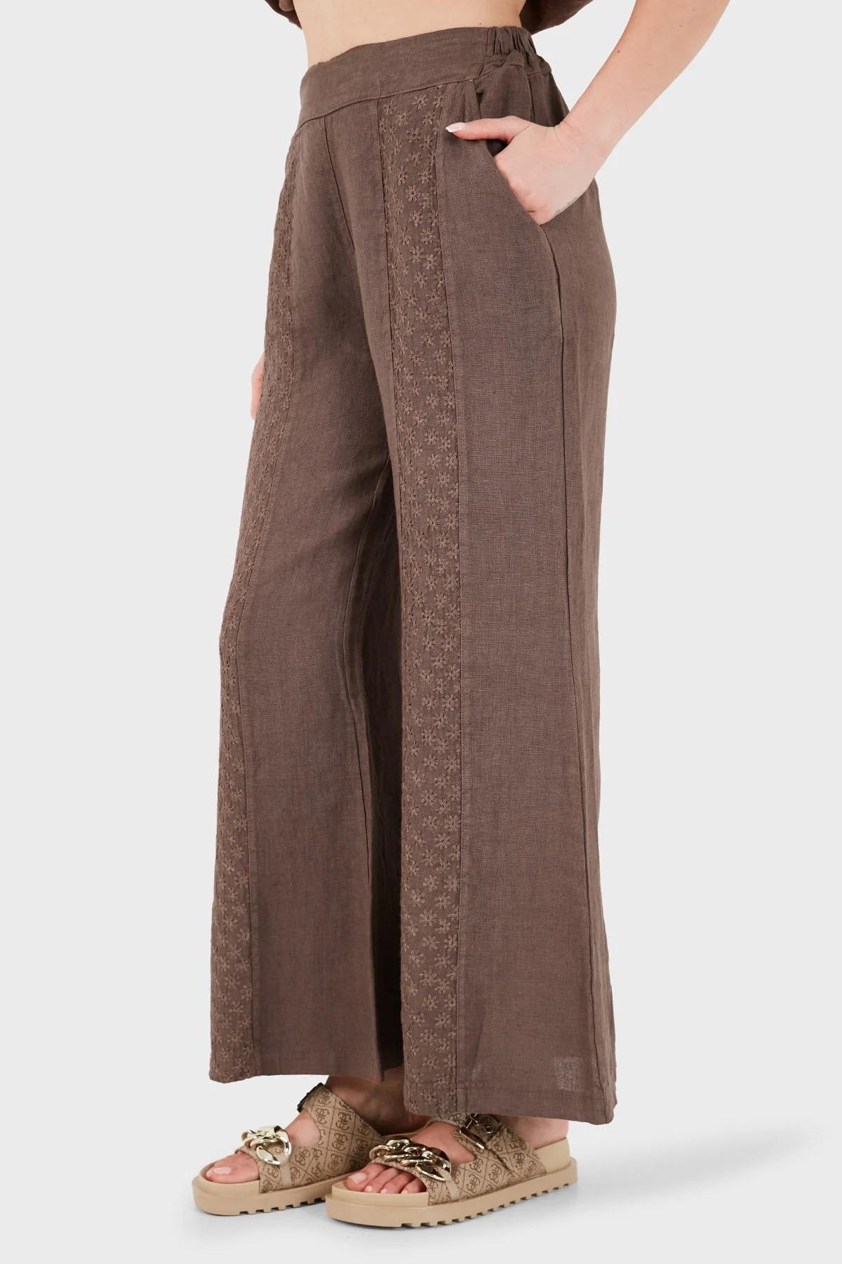 Via Dante % 100 Keten Relaxed Fit Brode İşlemeli Kadın Pantolon 69912211 KAHVE - 6