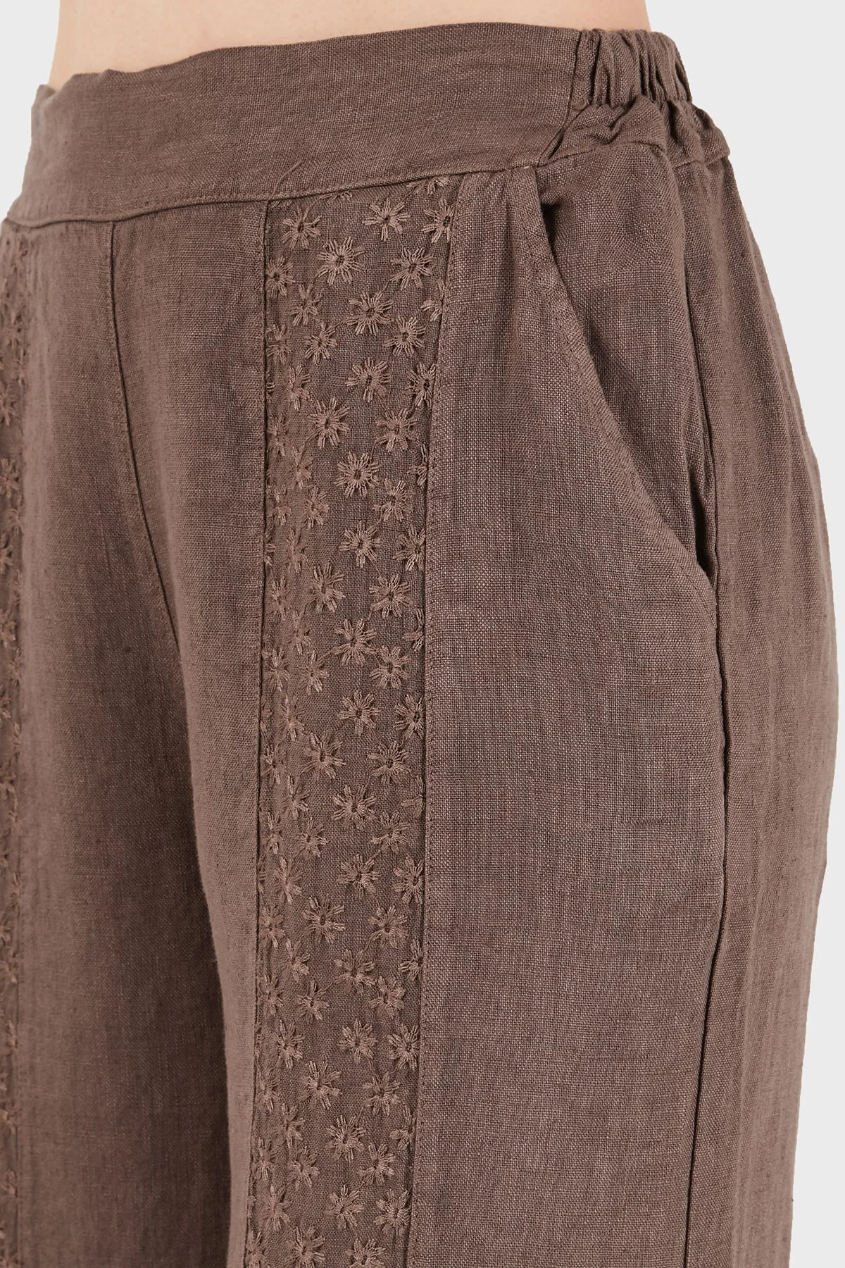 Via Dante % 100 Keten Relaxed Fit Brode İşlemeli Kadın Pantolon 69912211 KAHVE - 7