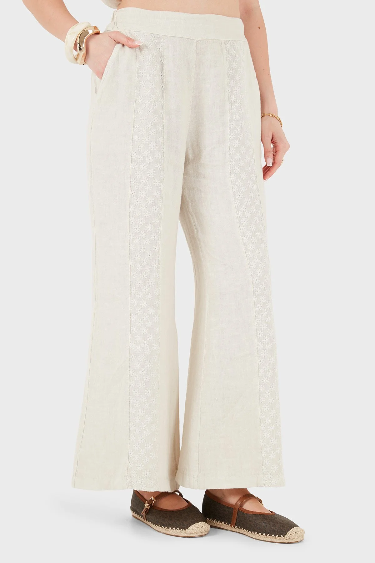 Via Dante % 100 Keten Relaxed Fit Brode İşlemeli Kadın Pantolon 69912211 TAŞ - 4