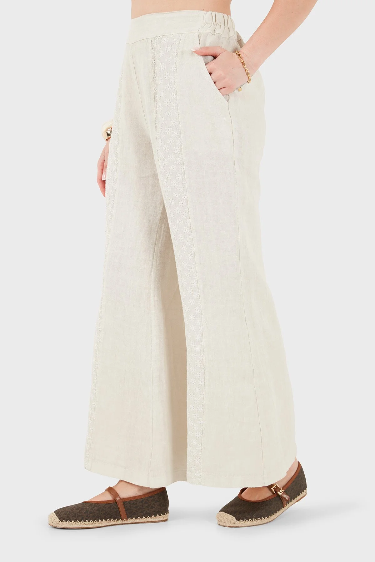 Via Dante % 100 Keten Relaxed Fit Brode İşlemeli Kadın Pantolon 69912211 TAŞ - 5