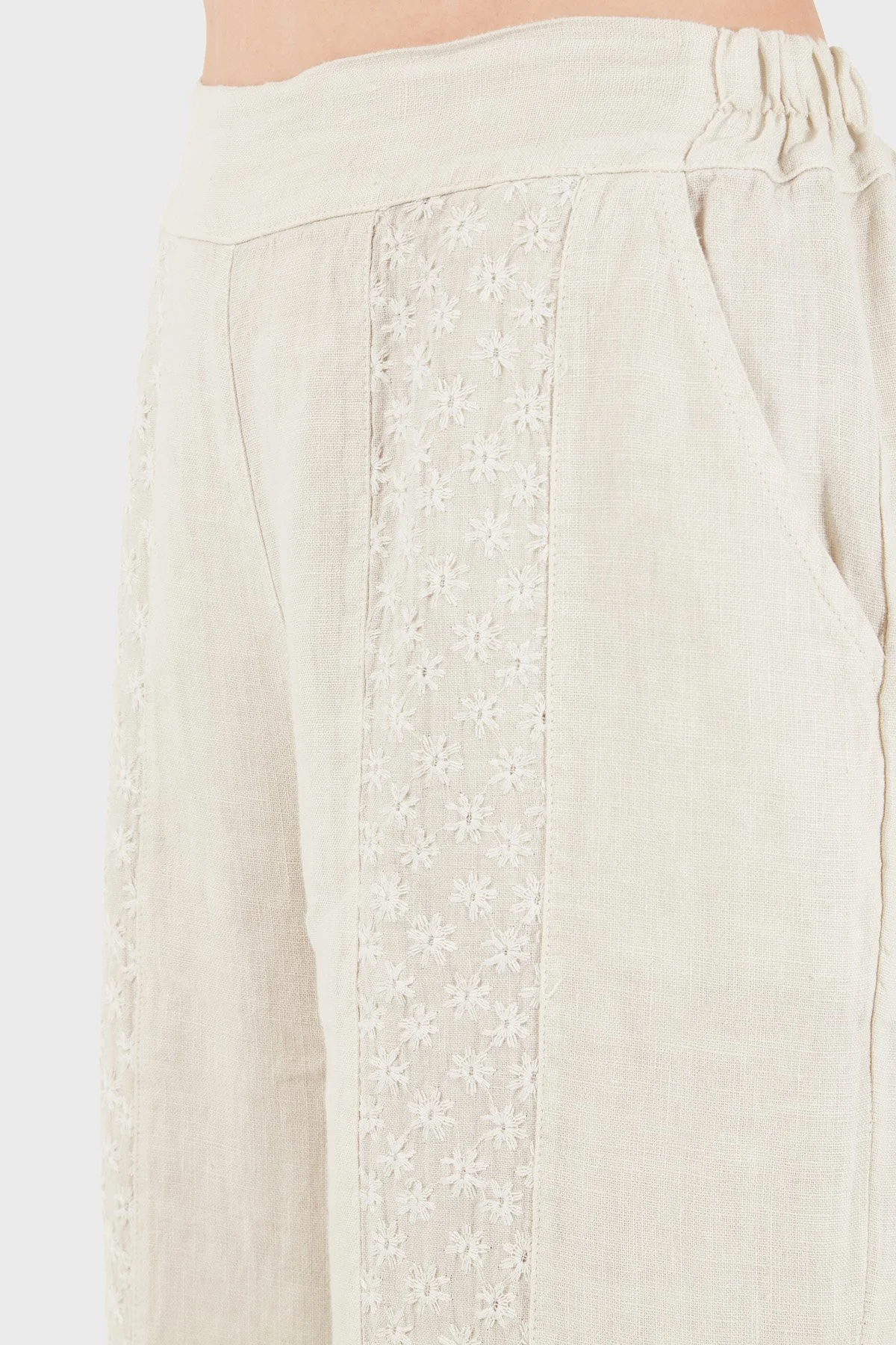 Via Dante % 100 Keten Relaxed Fit Brode İşlemeli Kadın Pantolon 69912211 TAŞ - 6
