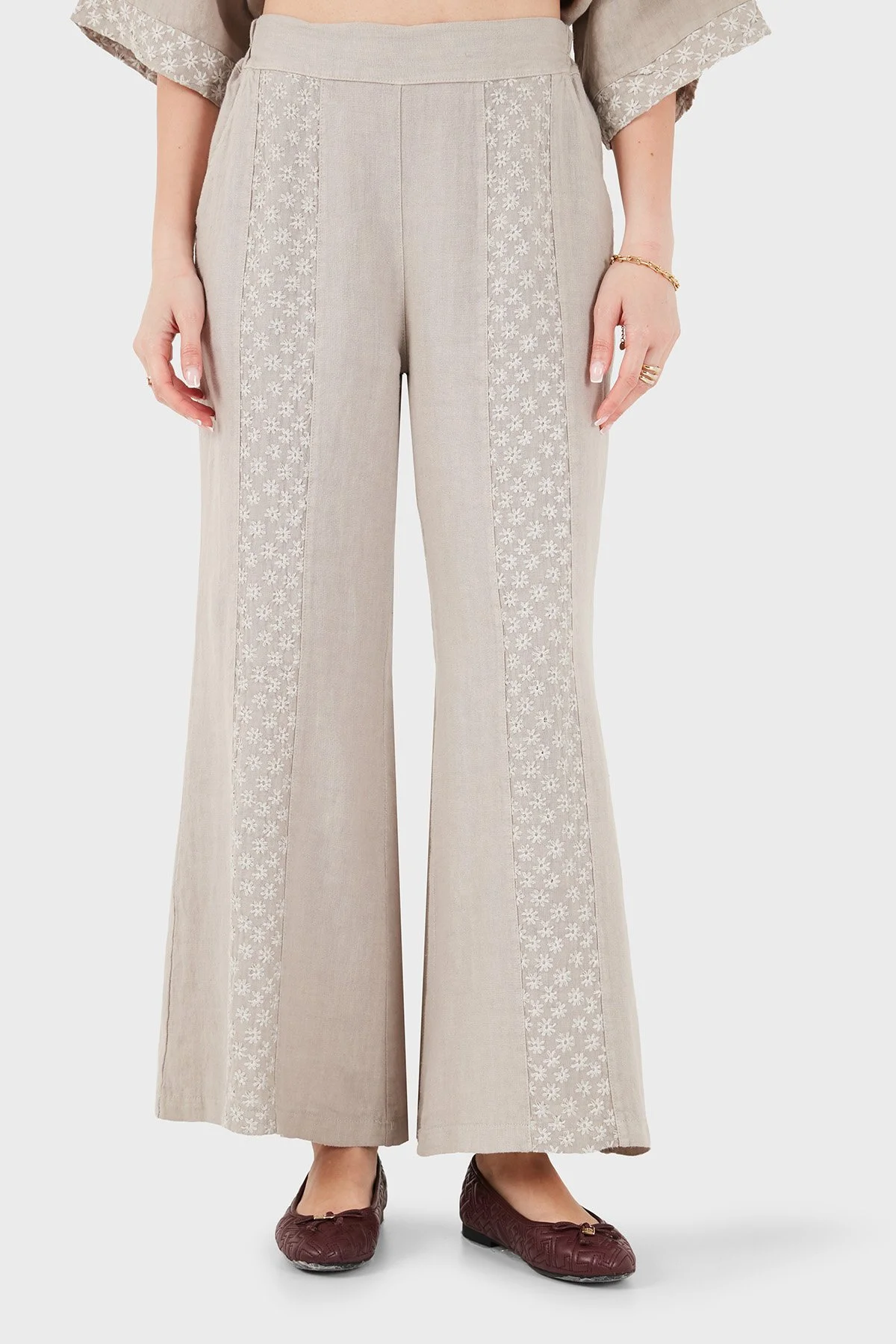 Via Dante % 100 Keten Relaxed Fit Brode İşlemeli Kadın Pantolon 69912211 VİZON - 1