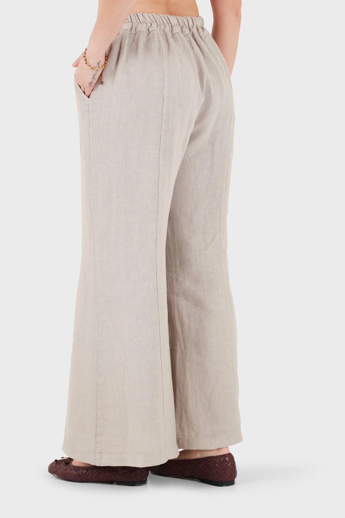 Via Dante % 100 Keten Relaxed Fit Brode İşlemeli Kadın Pantolon 69912211 VİZON - 3