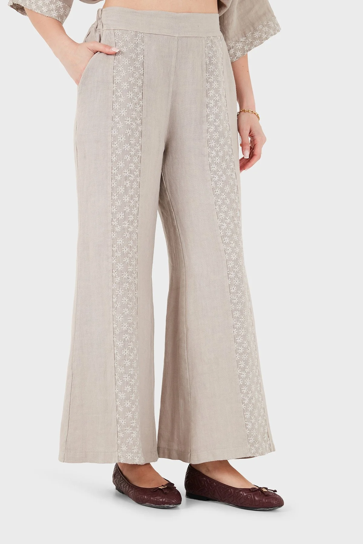 Via Dante % 100 Keten Relaxed Fit Brode İşlemeli Kadın Pantolon 69912211 VİZON - 4
