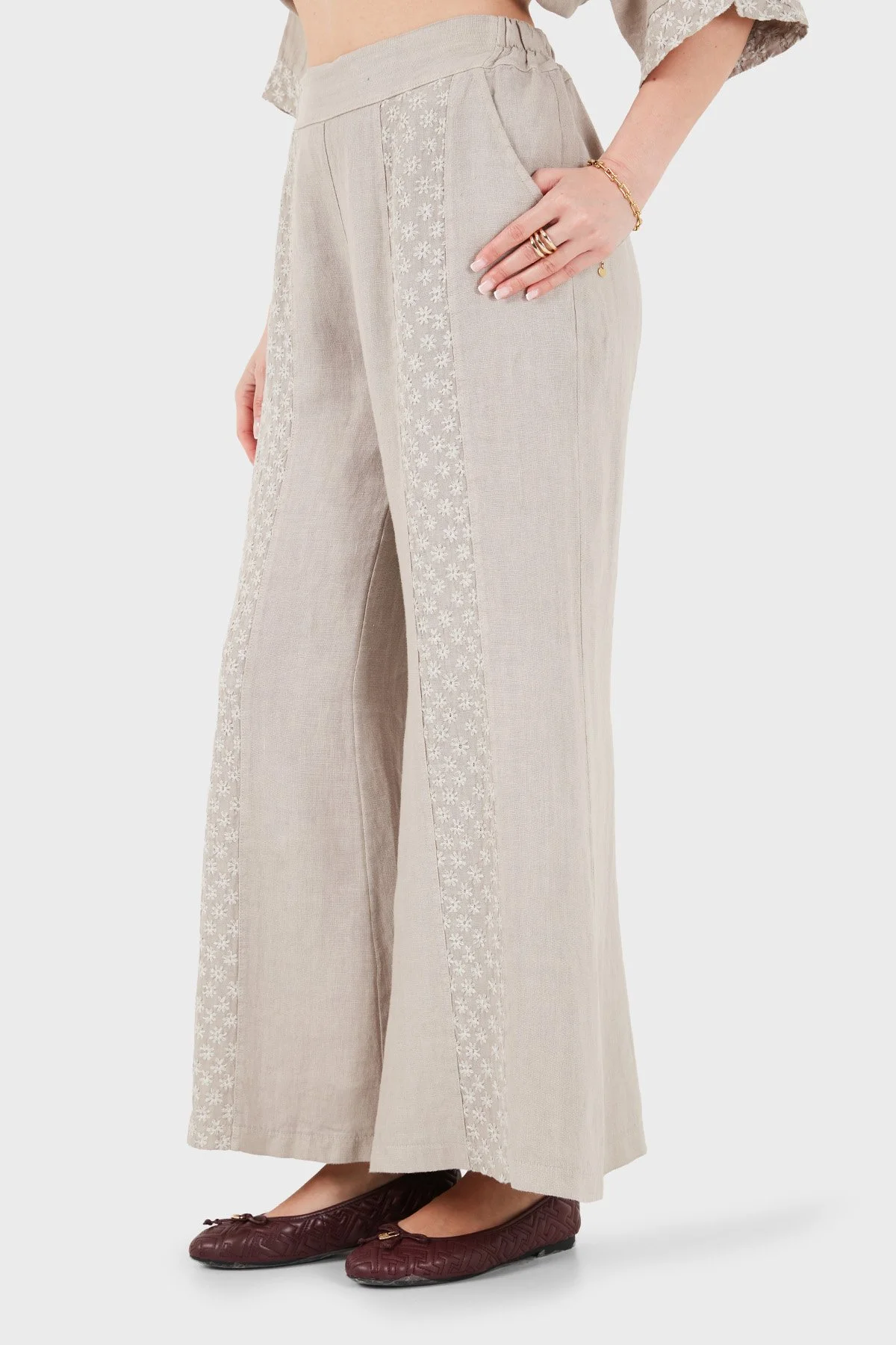 Via Dante % 100 Keten Relaxed Fit Brode İşlemeli Kadın Pantolon 69912211 VİZON - 5