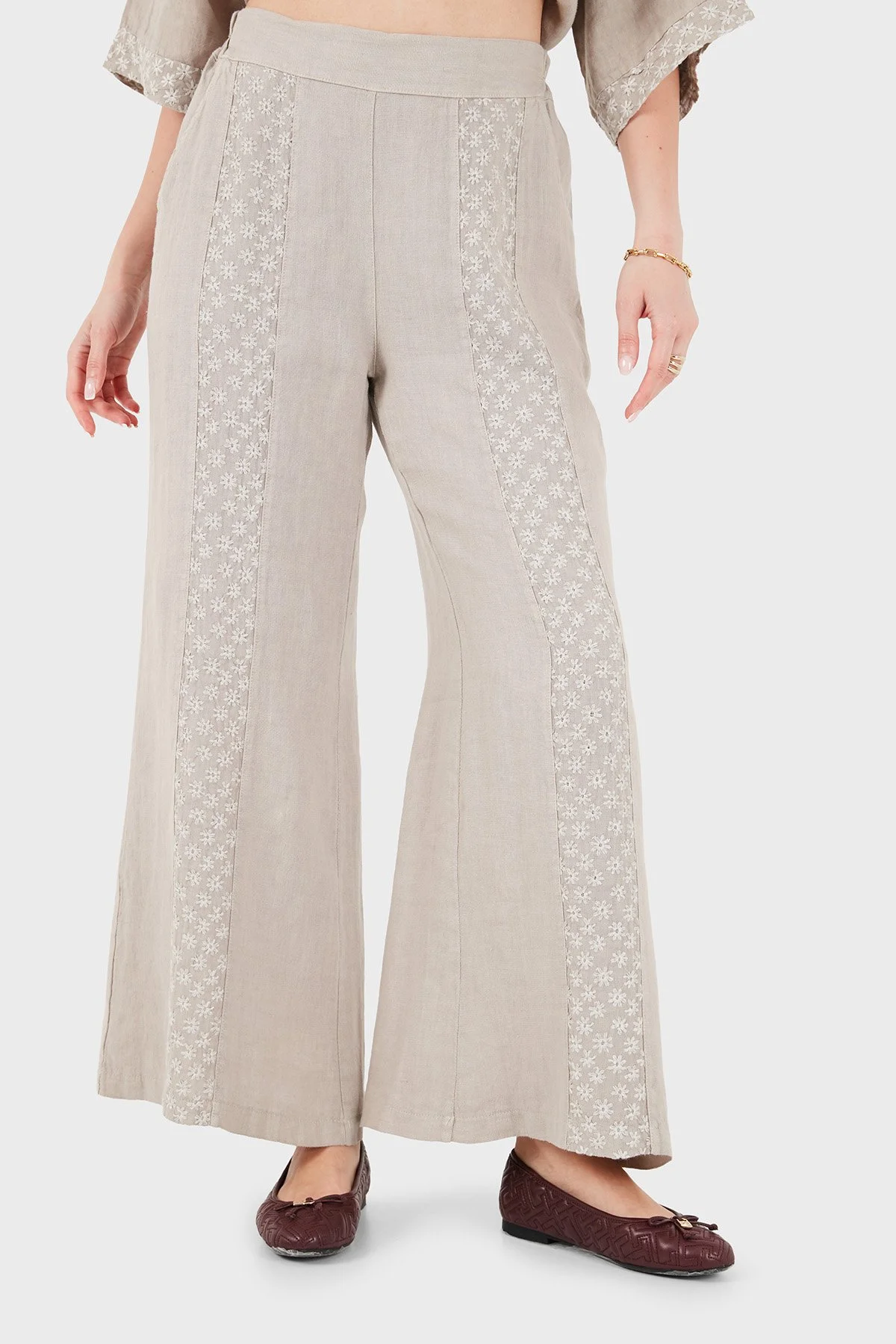 Via Dante % 100 Keten Relaxed Fit Brode İşlemeli Kadın Pantolon 69912211 VİZON - 6
