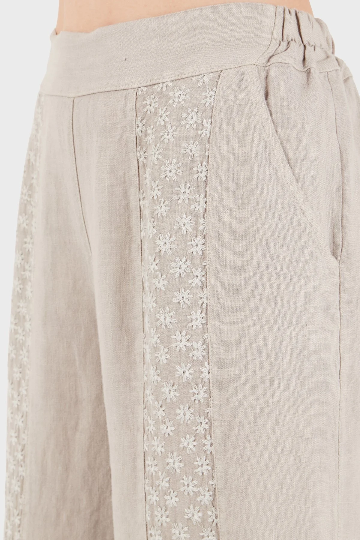 Via Dante % 100 Keten Relaxed Fit Brode İşlemeli Kadın Pantolon 69912211 VİZON - 7