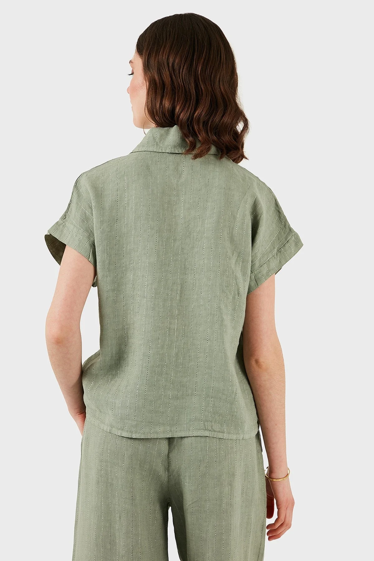 Via Dante Çizgili Regular Fit Düz Yaka Kısa Kollu Keten Bayan Gömlek 6140RN544 HAKİ - 3